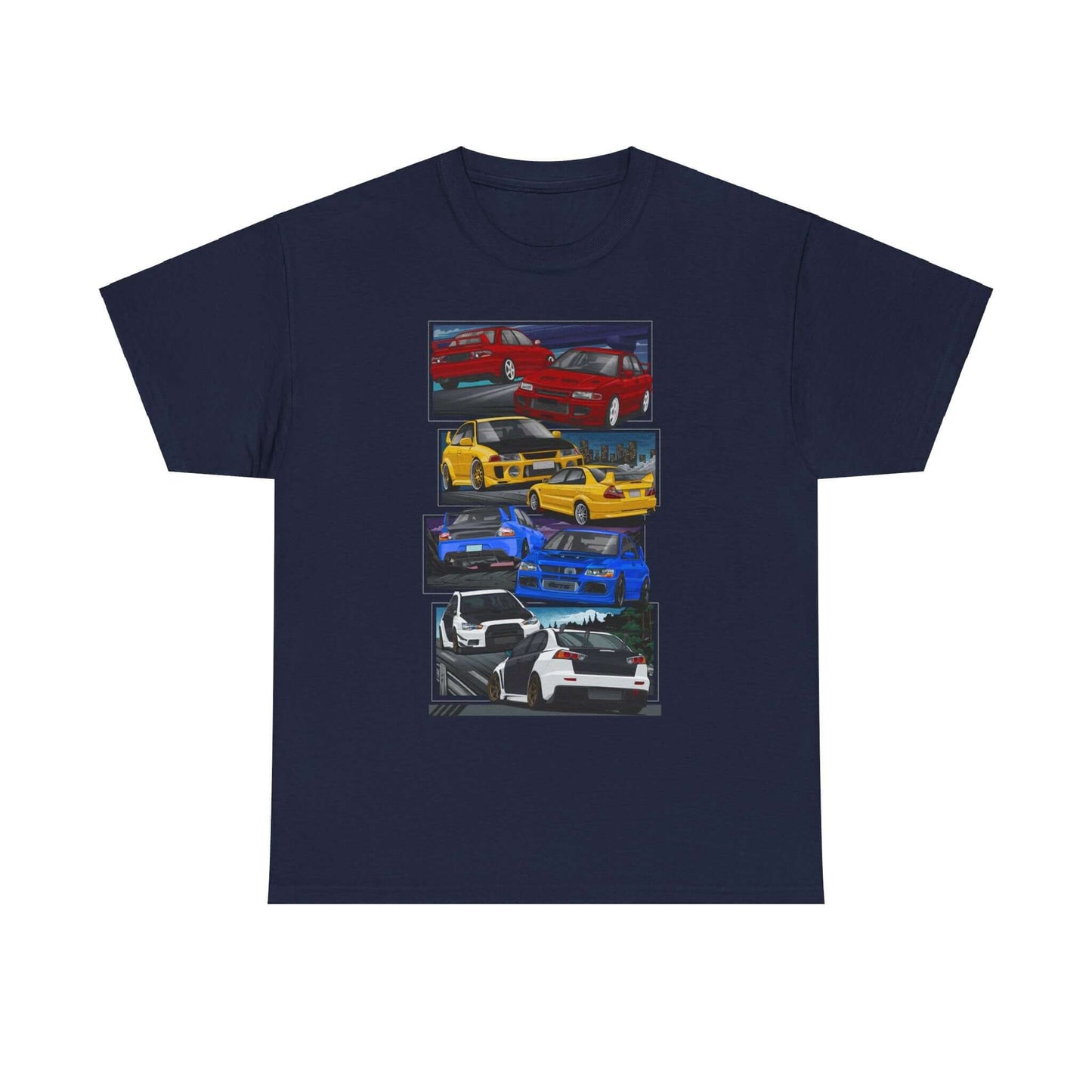 JDM-Inspired Evolution Car Tee, Red Yellow Blue White Enthusiast Shirt