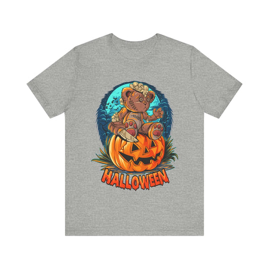 Spooky Teddy Bear Halloween Women's T-shirt, Cartoon Scary Pumpkin Tee, Costume Idea for Halloween, Trick-or-Treating, and Haunted Adventure