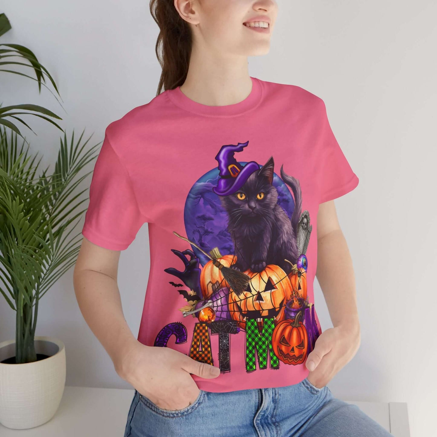 Cat Mom Women's T-shirt - Adorable Baby Black Cat, Pumpkins and Purple Moon, - Unique Halloween Outfits, Festive Parties, and Feline Fun.