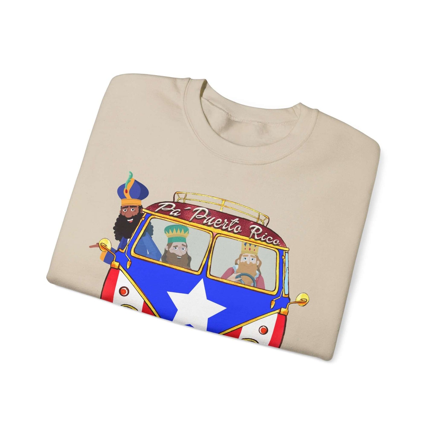 Christmas sweater with Three Kings in a VW bus, Puerto Rico flag, "Pa Puerto Rico" text, festive print on beige fabric.