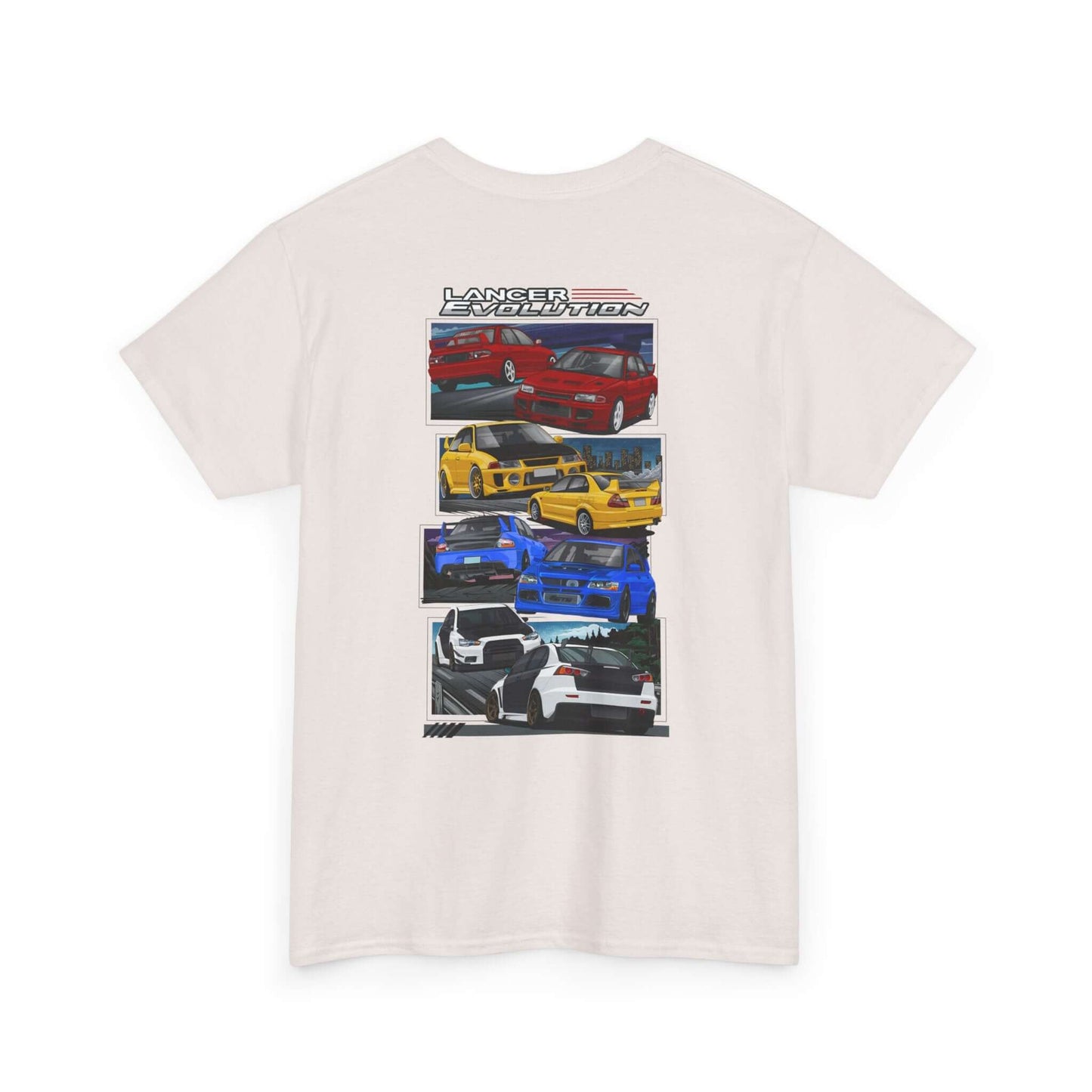 JDM-Inspired Evolution Car Tee, Red Yellow Blue White Enthusiast Shirt