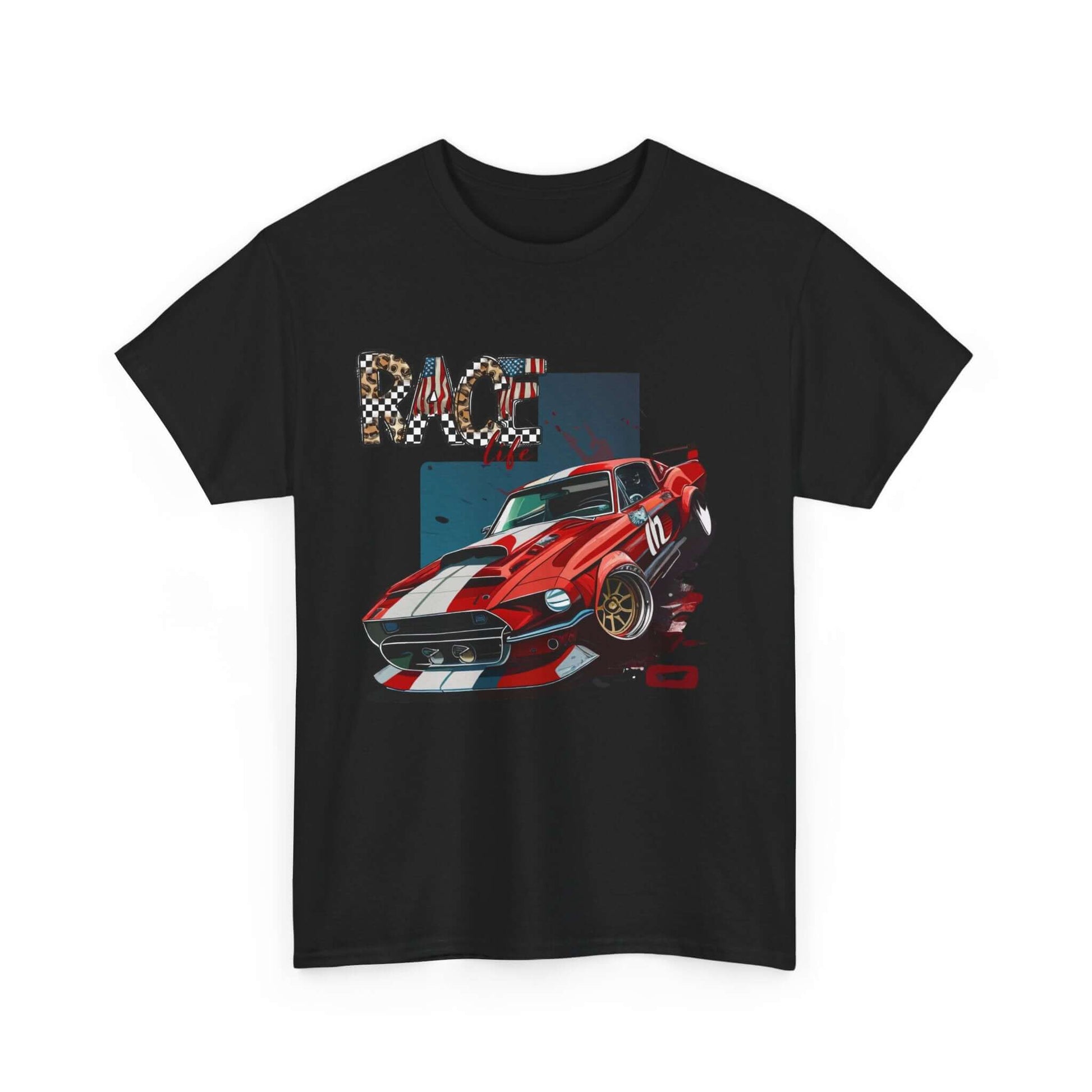 "Racing Life Muscle Car T-Shirt with classic Mustang and racing stripes design"