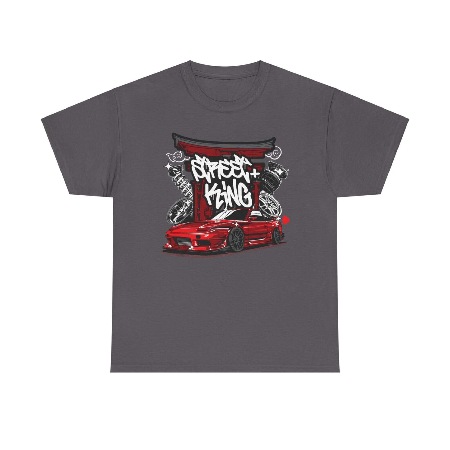 Urban racing T-shirt featuring stylized red sports car and 'Street King' graffiti design for car enthusiasts.