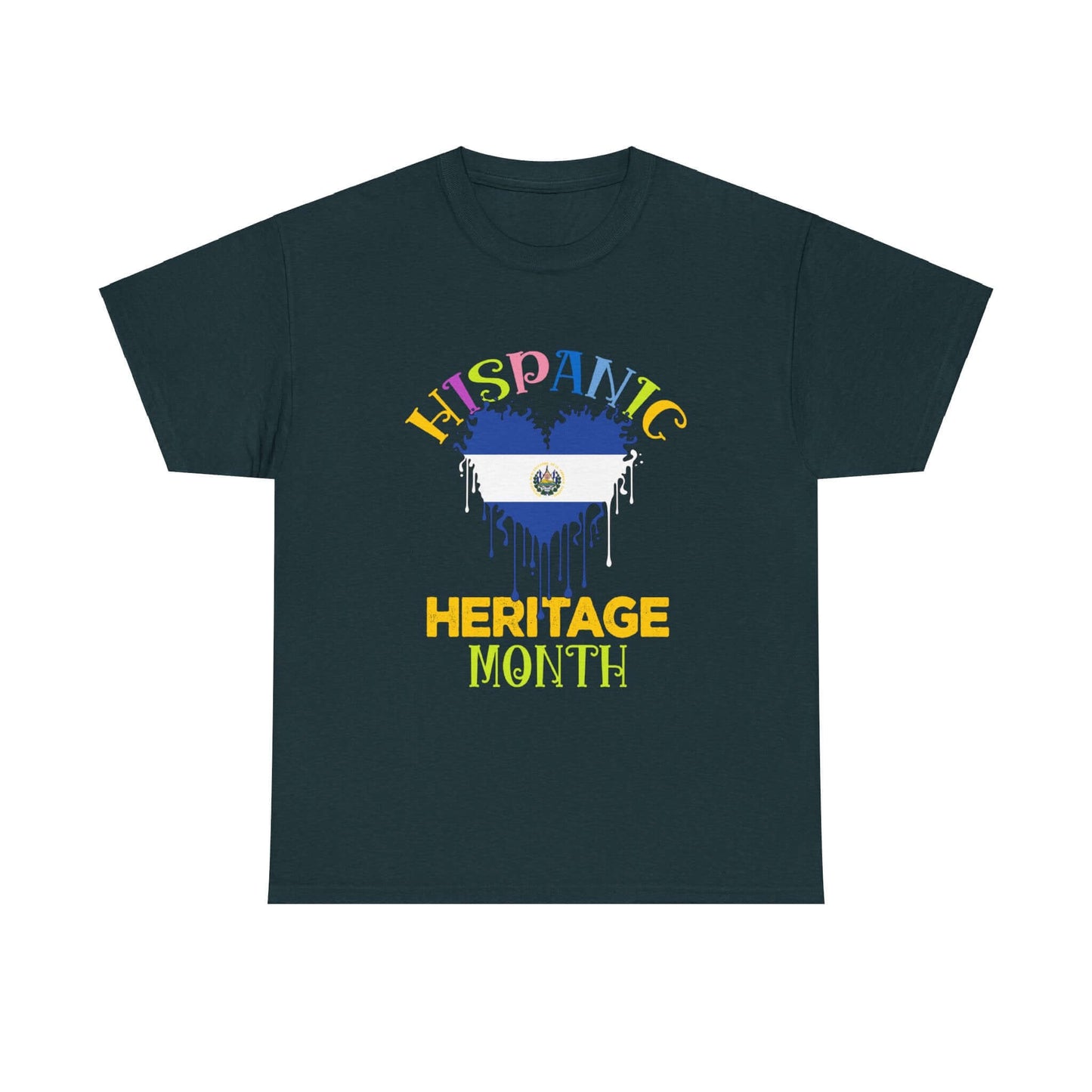 Hispanic Heritage Month Salvadorian Heart Flag Graphic Tee in black with colorful text.