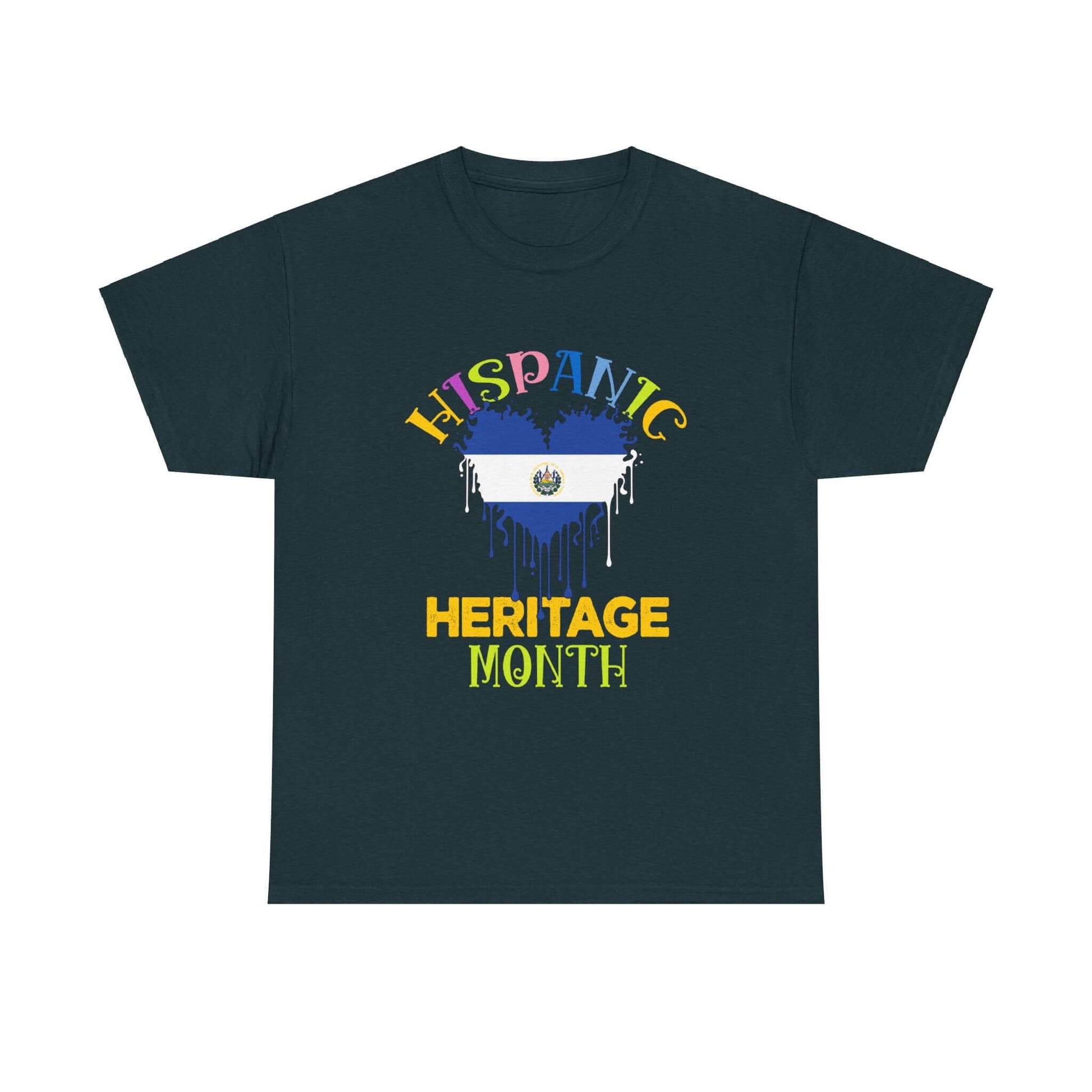 Hispanic Heritage Month Salvadorian Heart Flag Graphic Tee in black with colorful text.