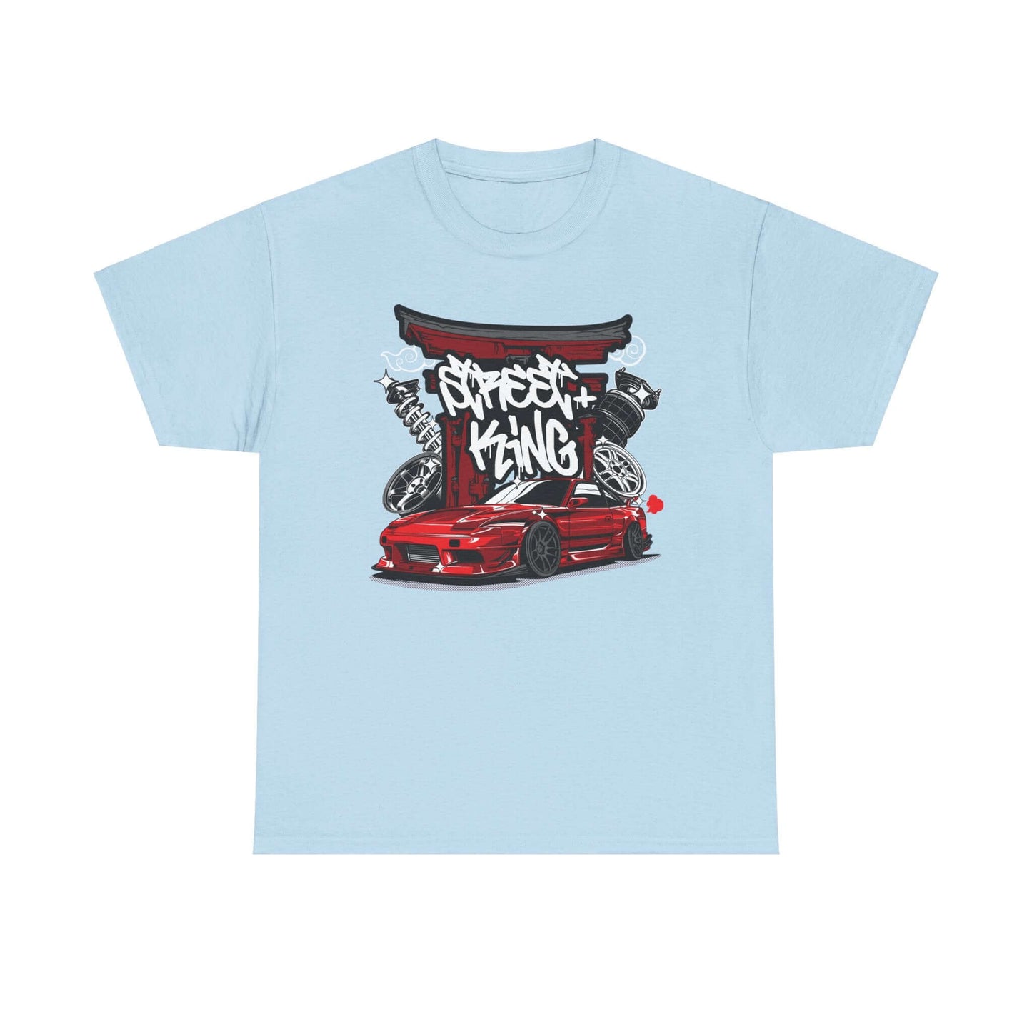 Urban Racing Art T-Shirt featuring stylized red sports car and graffiti at Japanese Torii gate, perfect for car enthusiasts.