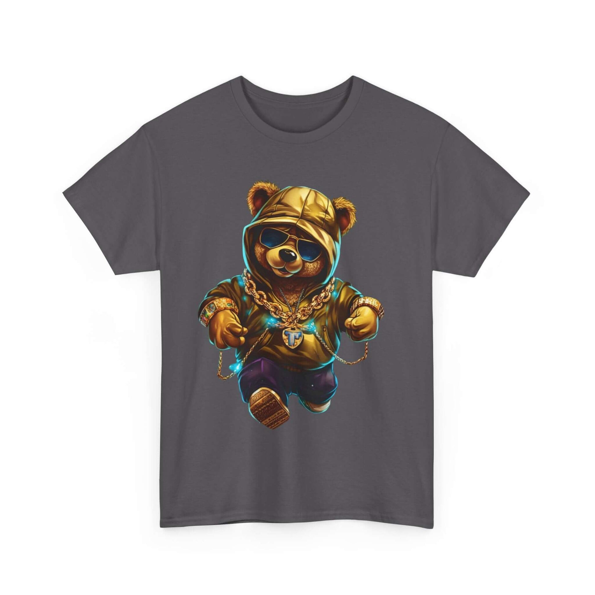 Bling Hip Bear Tee featuring a stylish bear in a gold hoodie and sunglasses, perfect for casual and quirky fashion lovers.