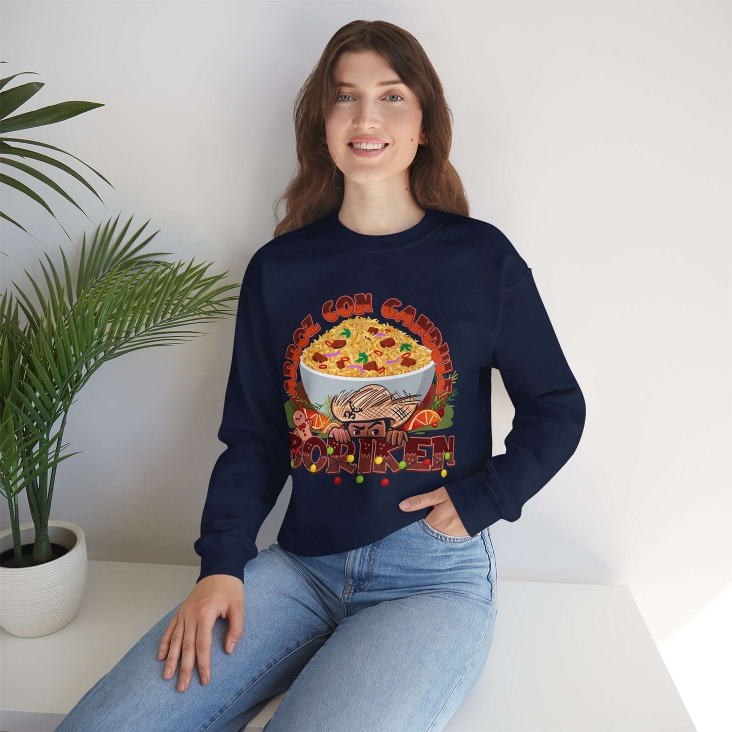 Woman wearing Arroz Con Gandules Christmas Sweater with festive Puerto Rican holiday design and vibrant graphic print.