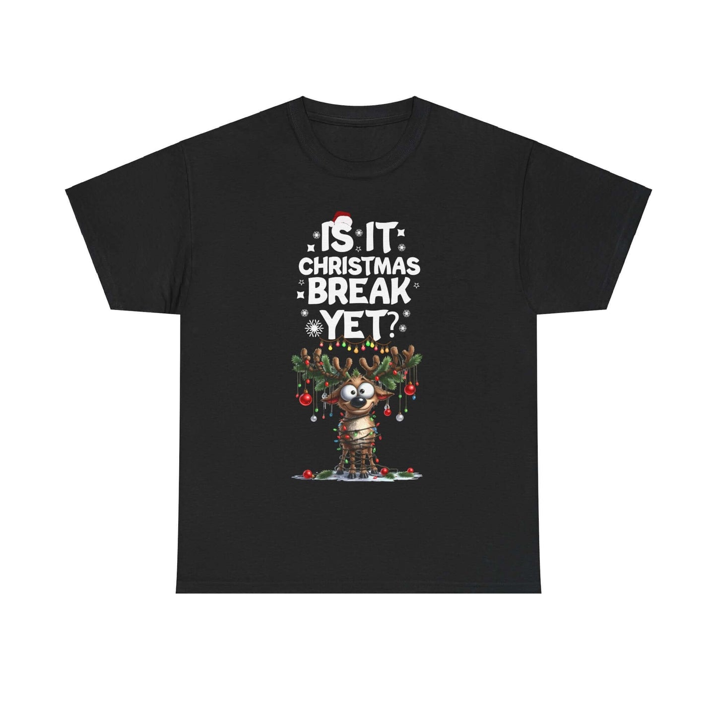 Funny reindeer tee with "Is it Christmas Break Yet?" design, perfect for holiday celebrations and casual wear.