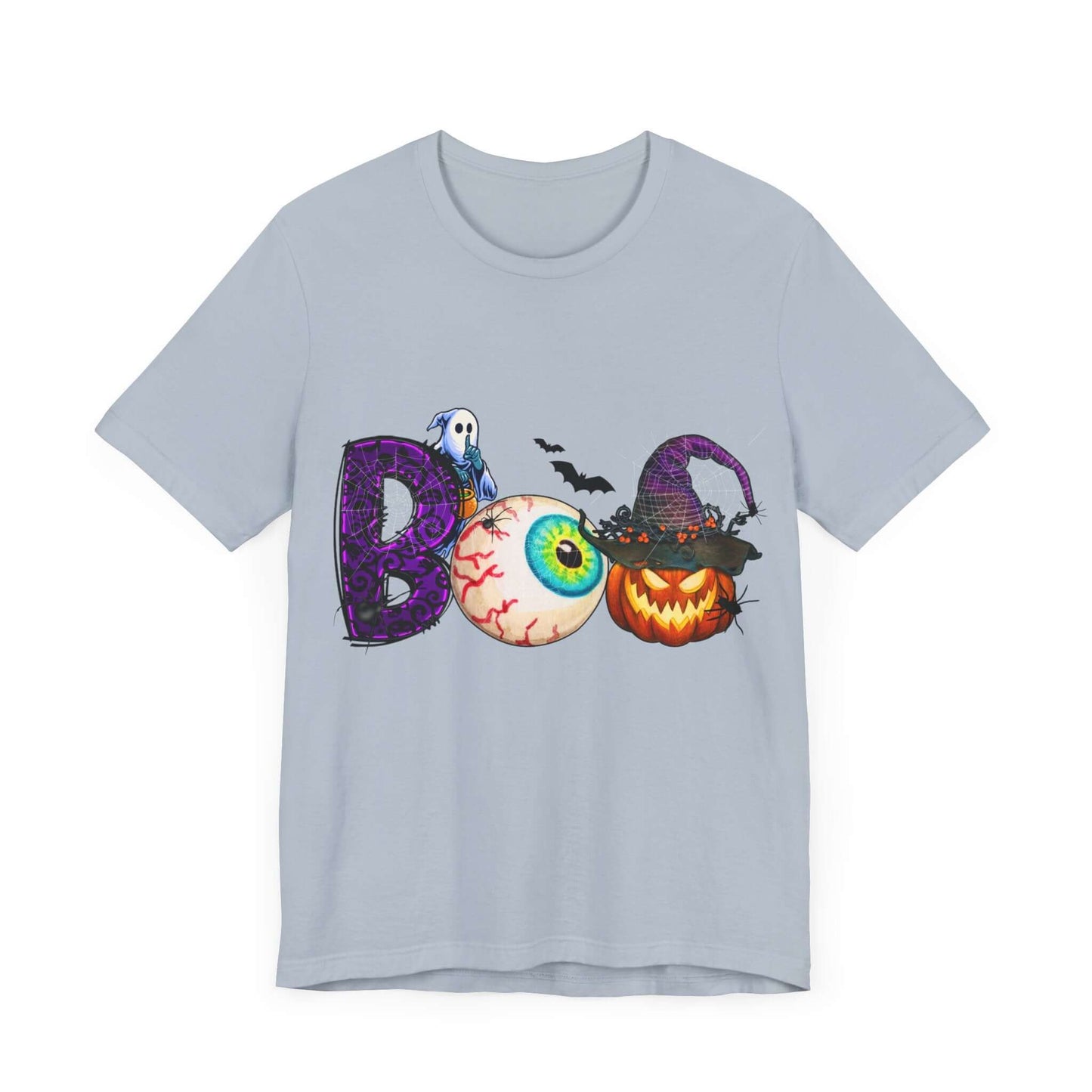 Halloween 'Boo' Women's T-shirt, Spooky Eyeball and Pumpkin Design, Cartoon Scary Tee for Unique Halloween Outfits and Fun Trick-or-Treating