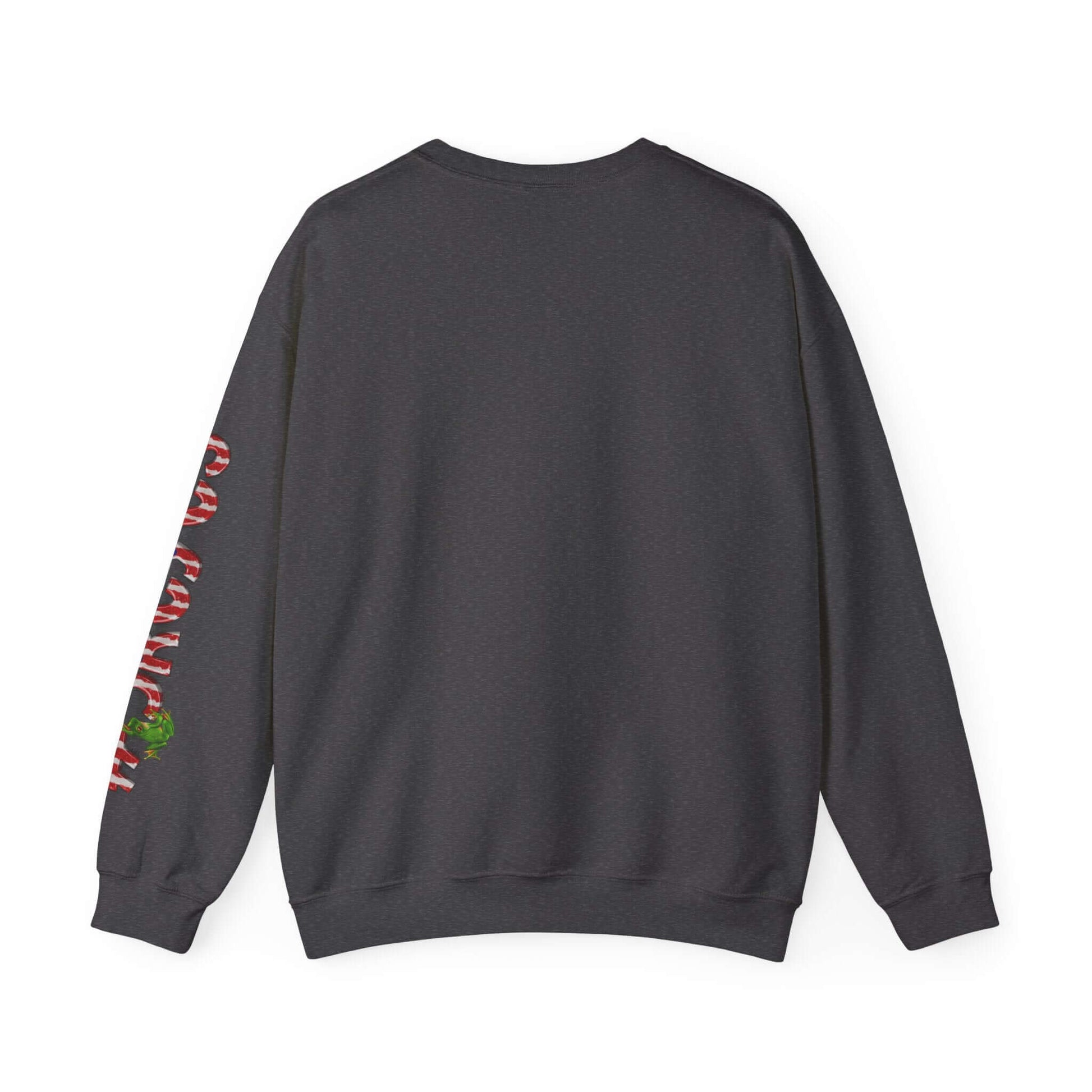 Black Christmas sweater with festive print on left sleeve; rear view showing "Pa' Cangrin" text and colorful design.