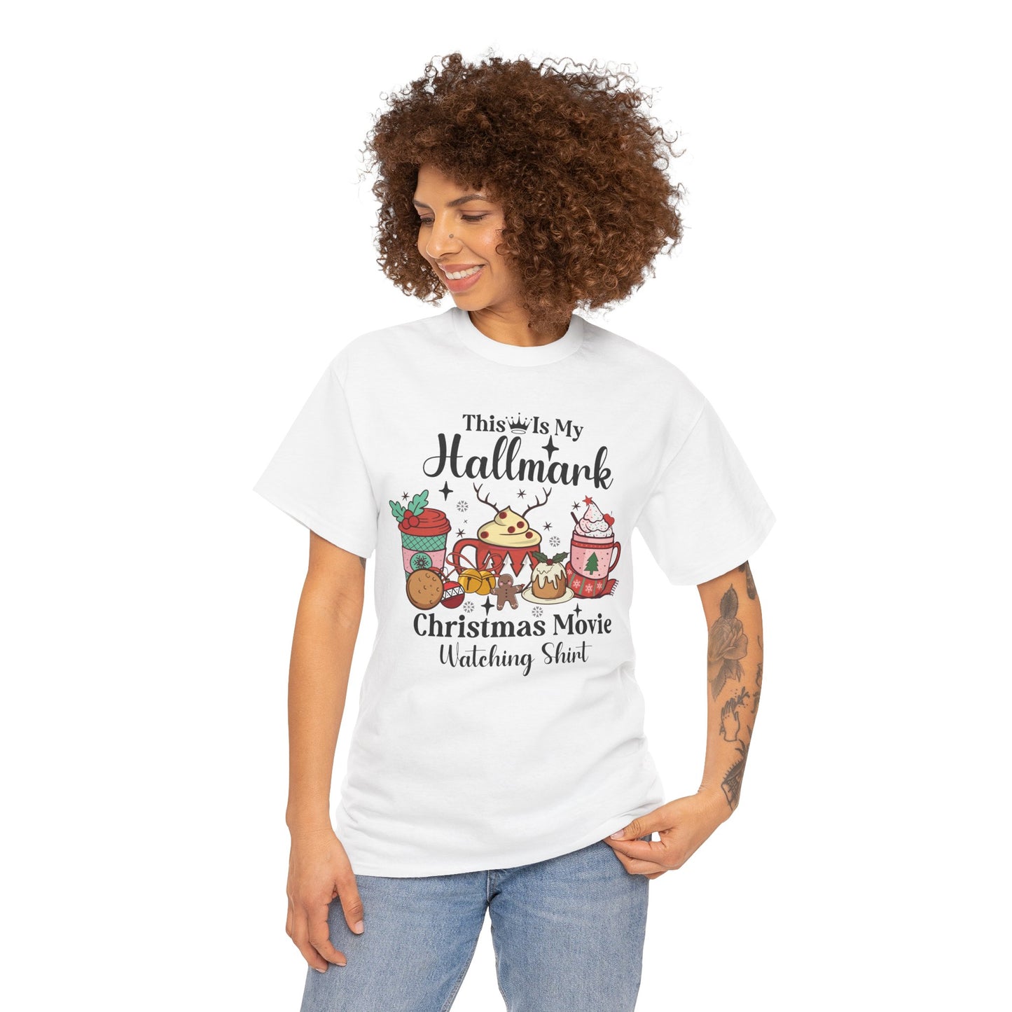 Woman wearing a festive Hallmark Christmas movie watching shirt, perfect for cozy holiday gatherings and movie nights.