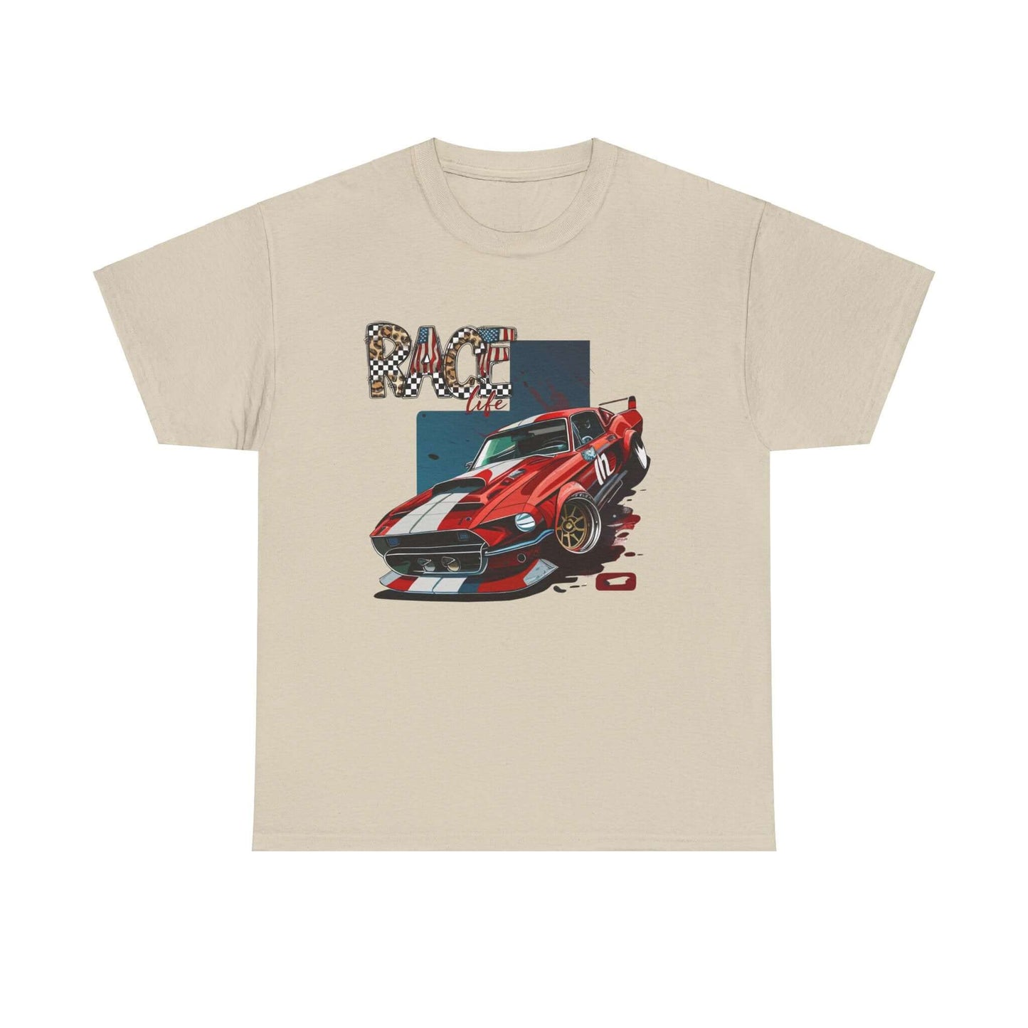 Racing Life Muscle Car T-Shirt with classic Mustang and 'RACE life' emblem