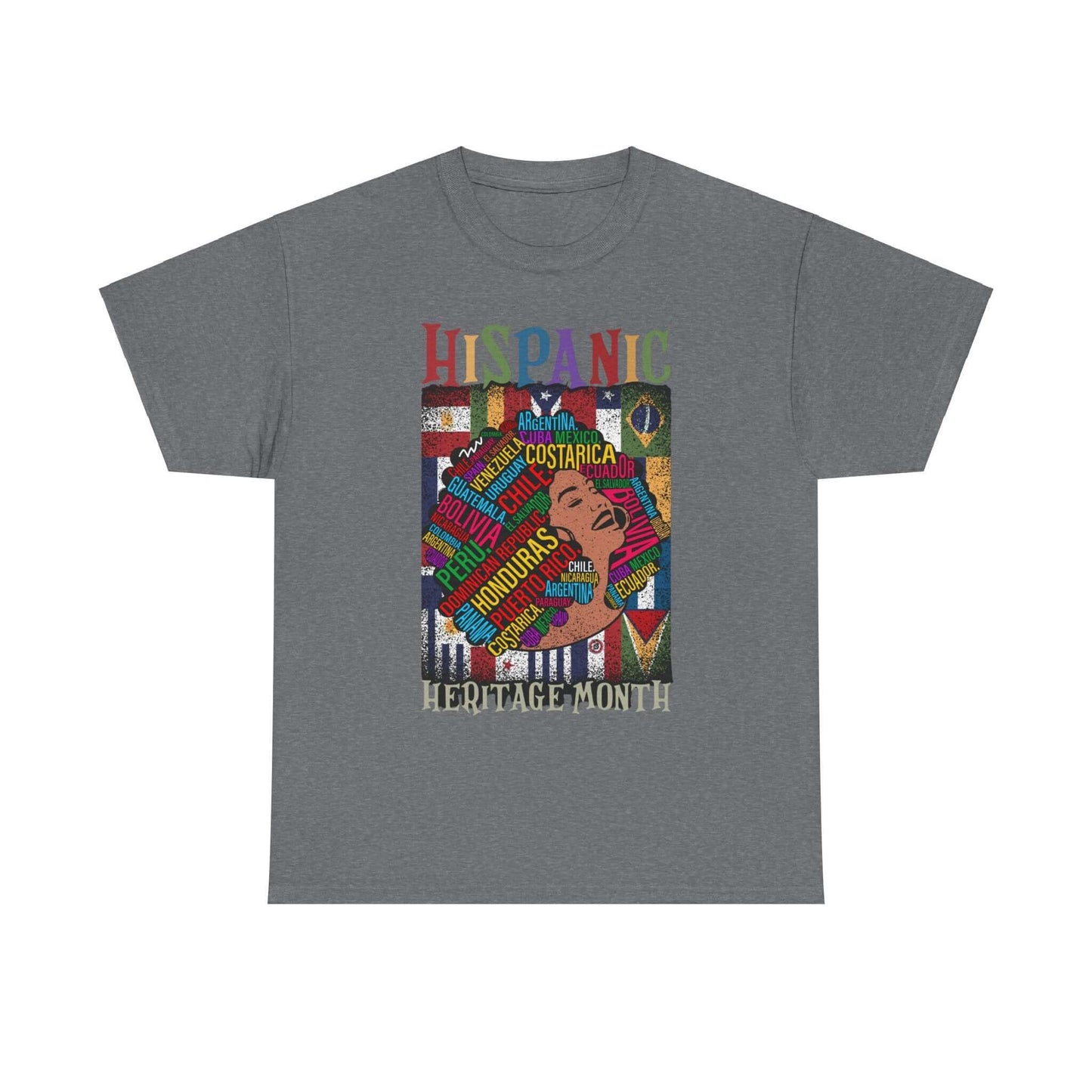 Artistic T-shirt showcasing Hispanic Heritage Month with cultural motifs and country names on a classic fit gray tee