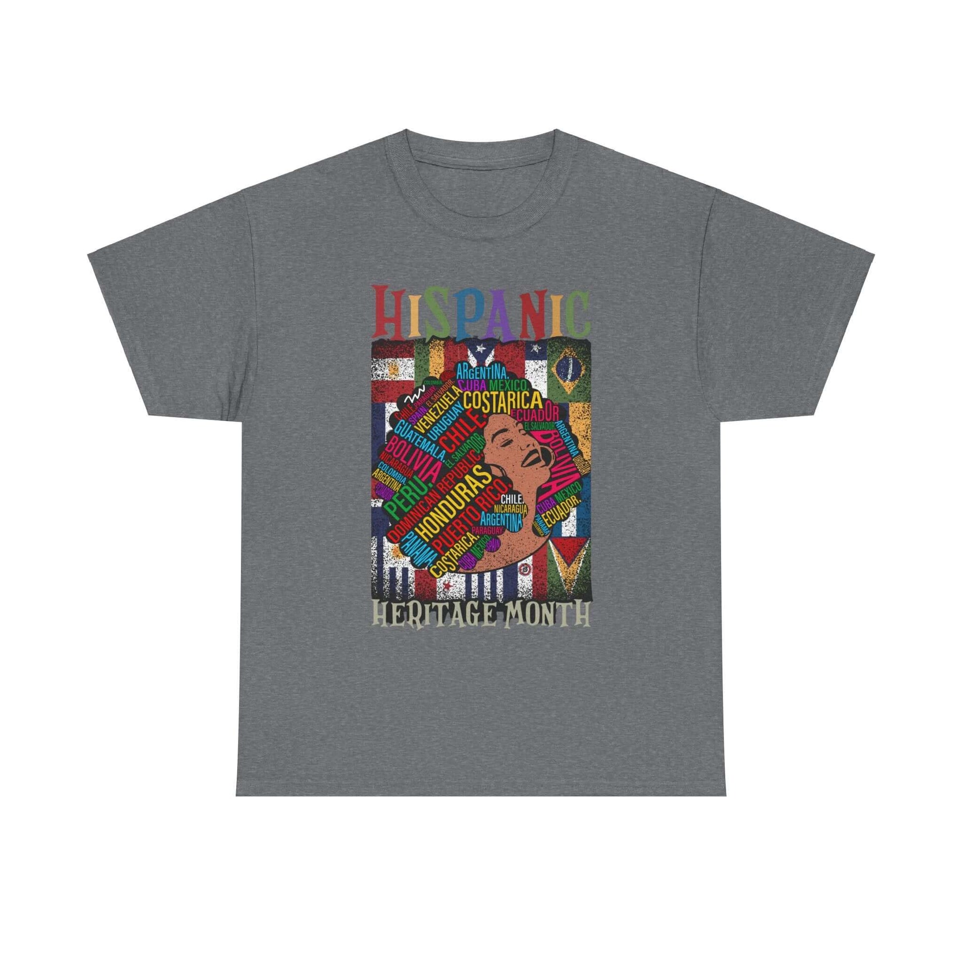 Artistic T-shirt showcasing Hispanic Heritage Month with cultural motifs and country names on a classic fit gray tee