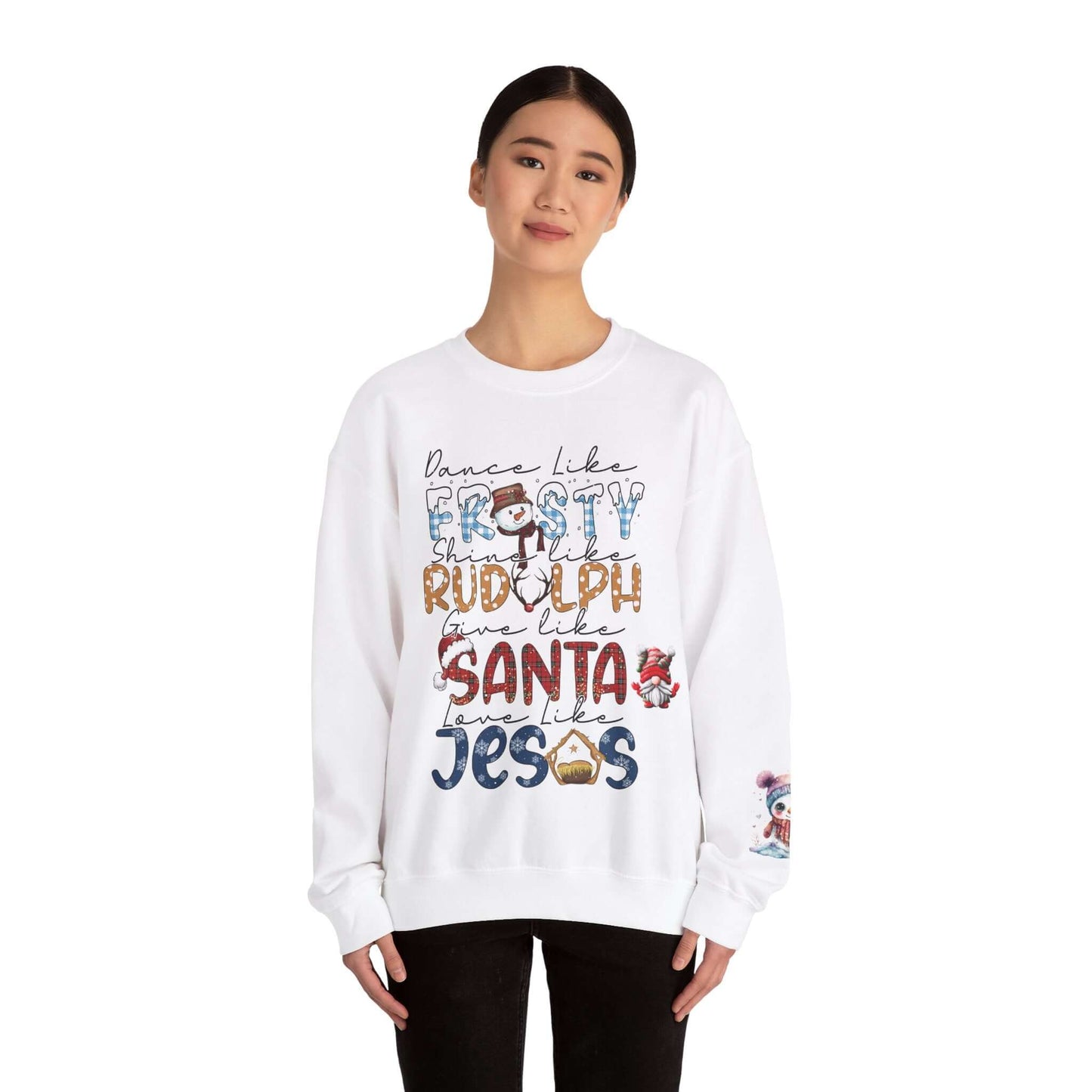 Festive Holiday T-Shirt with Snowman and Christmas Tree, Frosty Rudolph Santa Jesus Design, Colorful Fonts, Perfect Gift