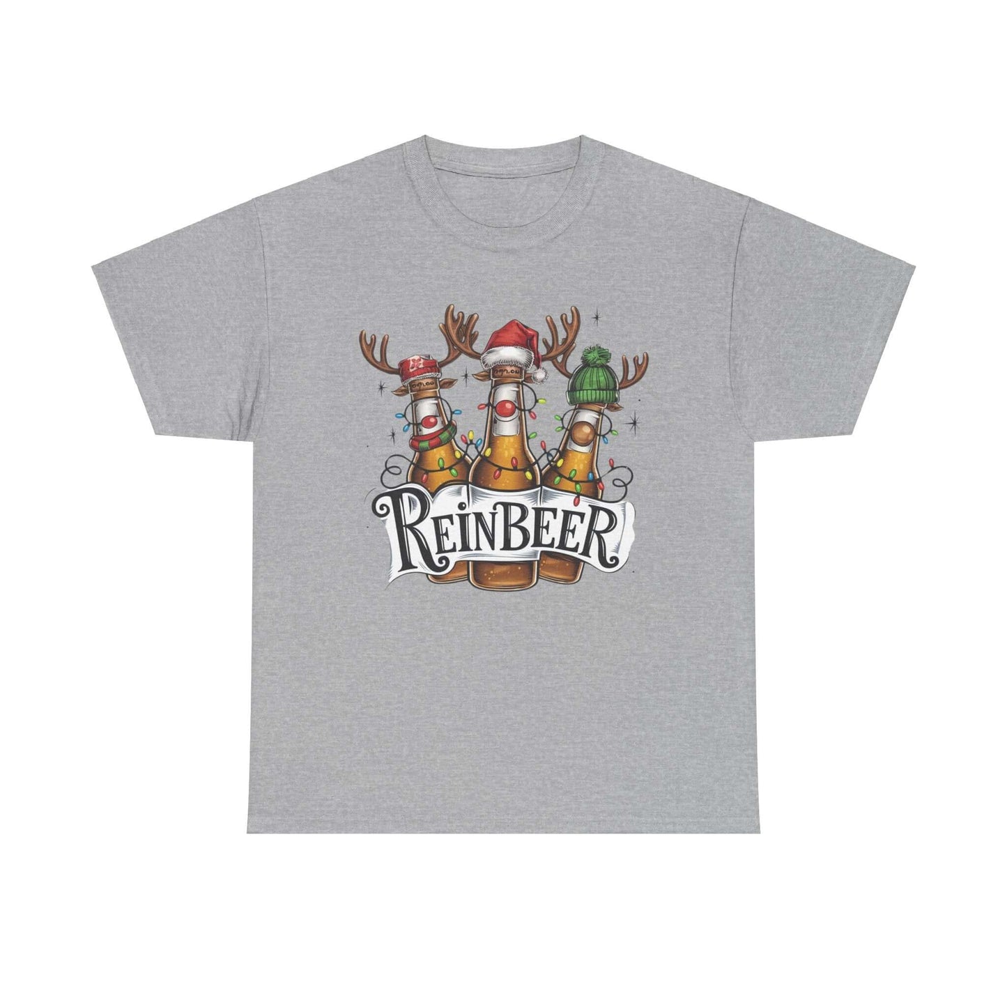 Fun 'Reinbeer' t-shirt featuring festive reindeer beer bottles for holiday celebrations and Christmas parties.