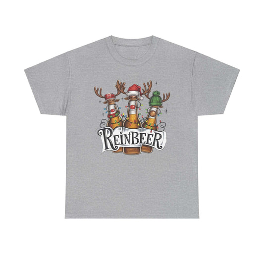 Fun 'Reinbeer' t-shirt featuring festive reindeer beer bottles for holiday celebrations and Christmas parties.