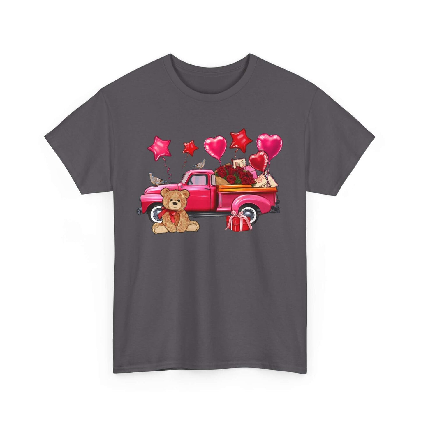 Valentine's Day tee featuring a vintage truck with roses, teddy bear, and hearts design. Perfect unisex gift, heavy cotton.