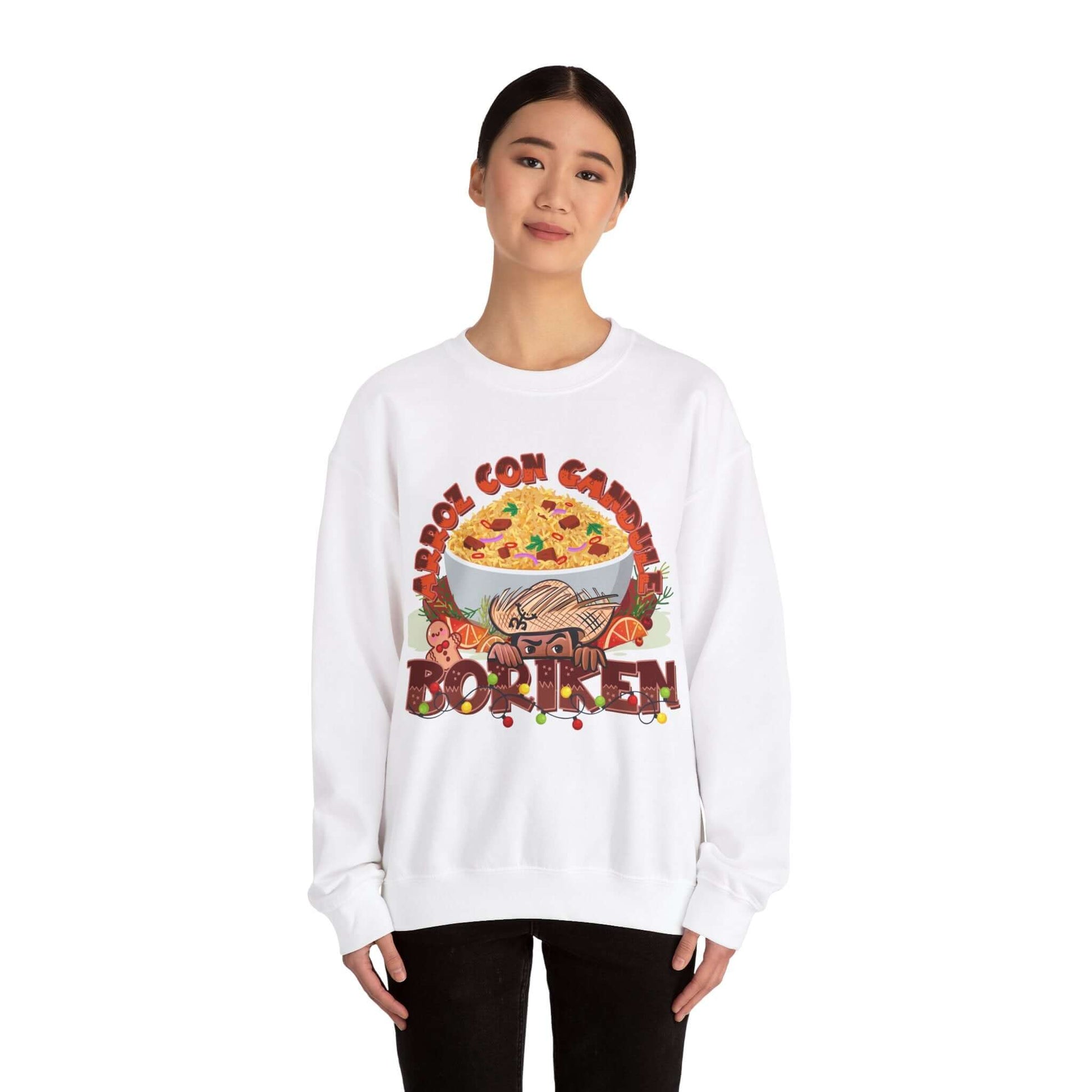 Woman wearing a festive Arroz Con Gandules Christmas sweater with colorful holiday graphics and bold text "ARROZ CON GANDULES" and "BORIKÉN".