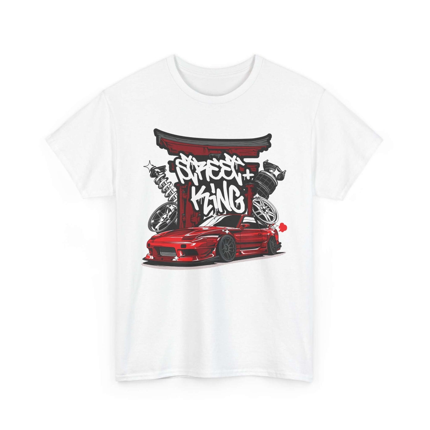 Stylized red sports car graphic on white t-shirt with Japanese Torii gate and street king graffiti design.