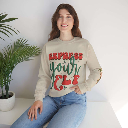 Express Yourself Festive Sweatshirt - Colorful Holiday Elf Design, Individuality and Style