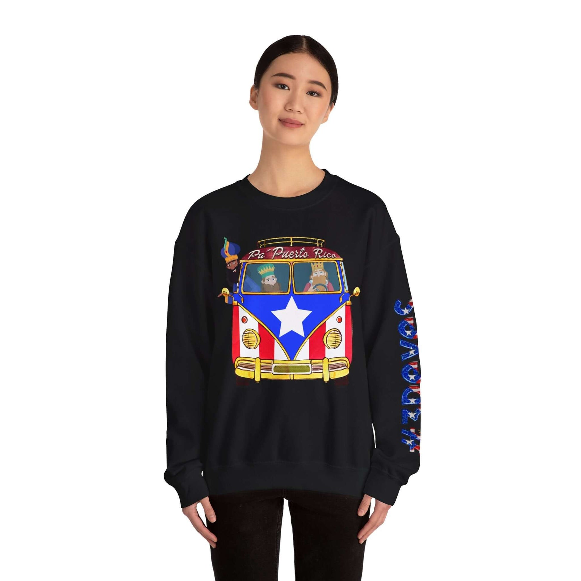 Black Christmas sweater with festive print, featuring VW bus with Puerto Rico flag, worn by woman; left sleeve design.