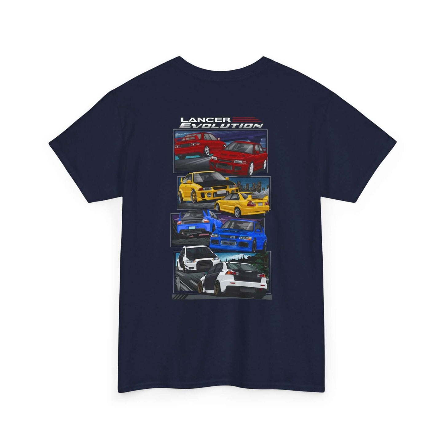 JDM-Inspired Evolution Car Tee, Red Yellow Blue White Enthusiast Shirt