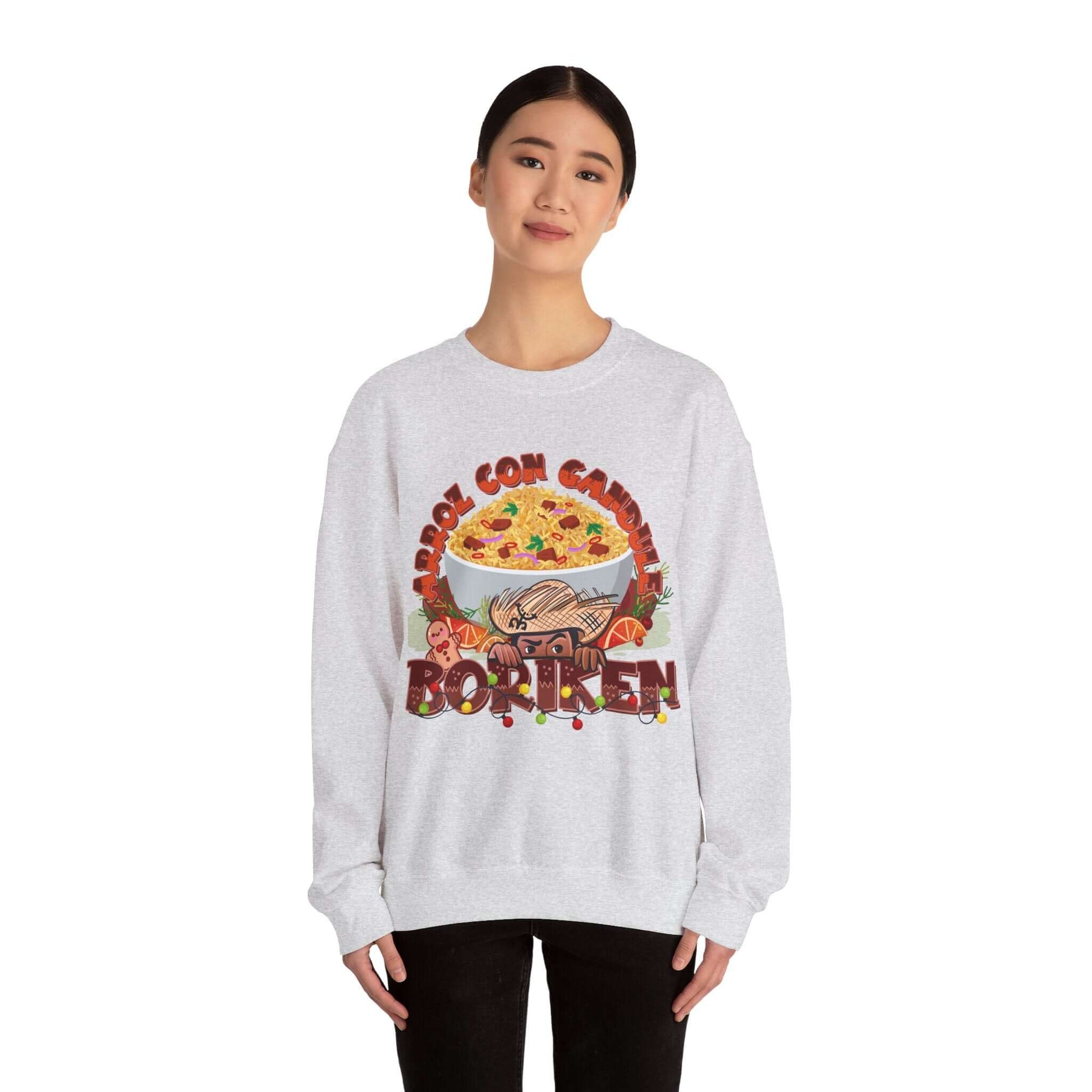 Woman wearing Arroz Con Gandules Christmas Sweater with festive Puerto Rican design and bold "ARROZ CON GANDULES BORIKÉN" text.