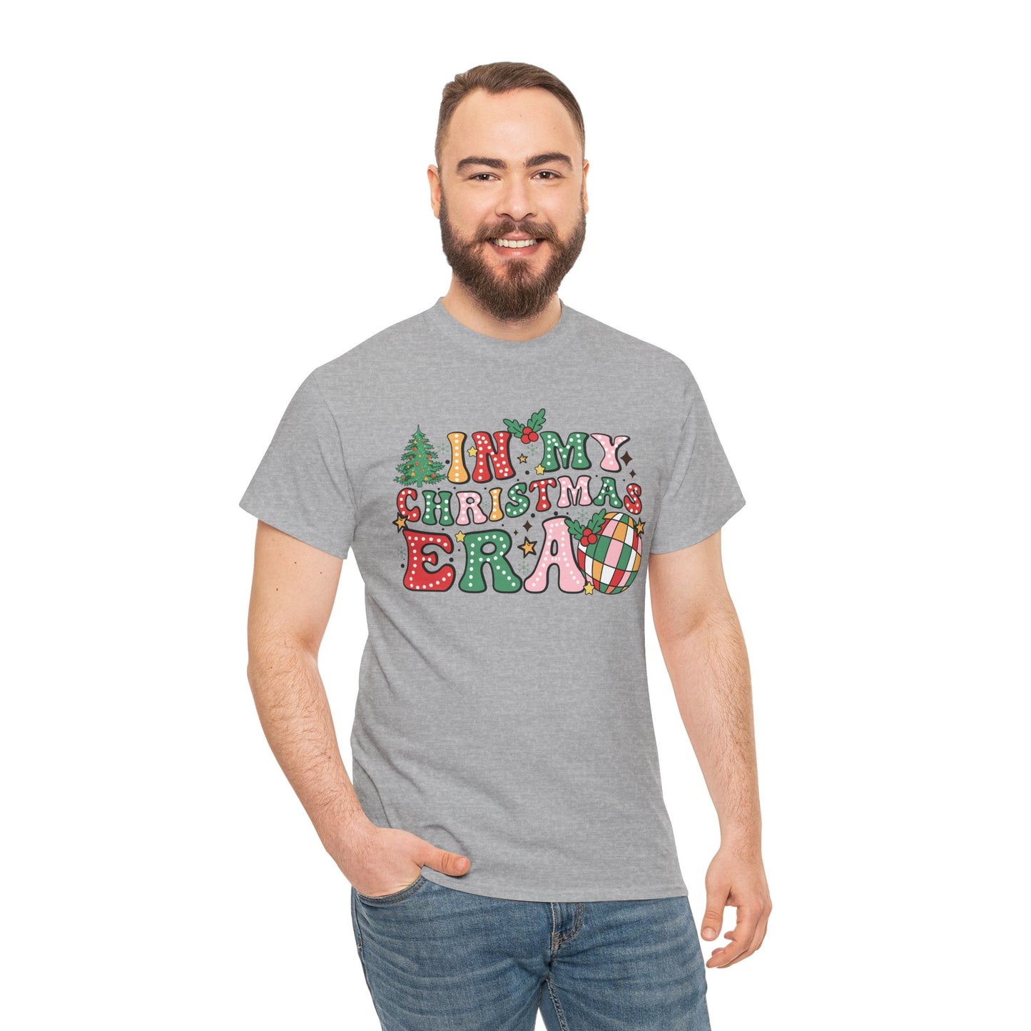 Man wearing 'In My Christmas Era' T-shirt featuring festive holiday design with Christmas elements for joyful celebrations.