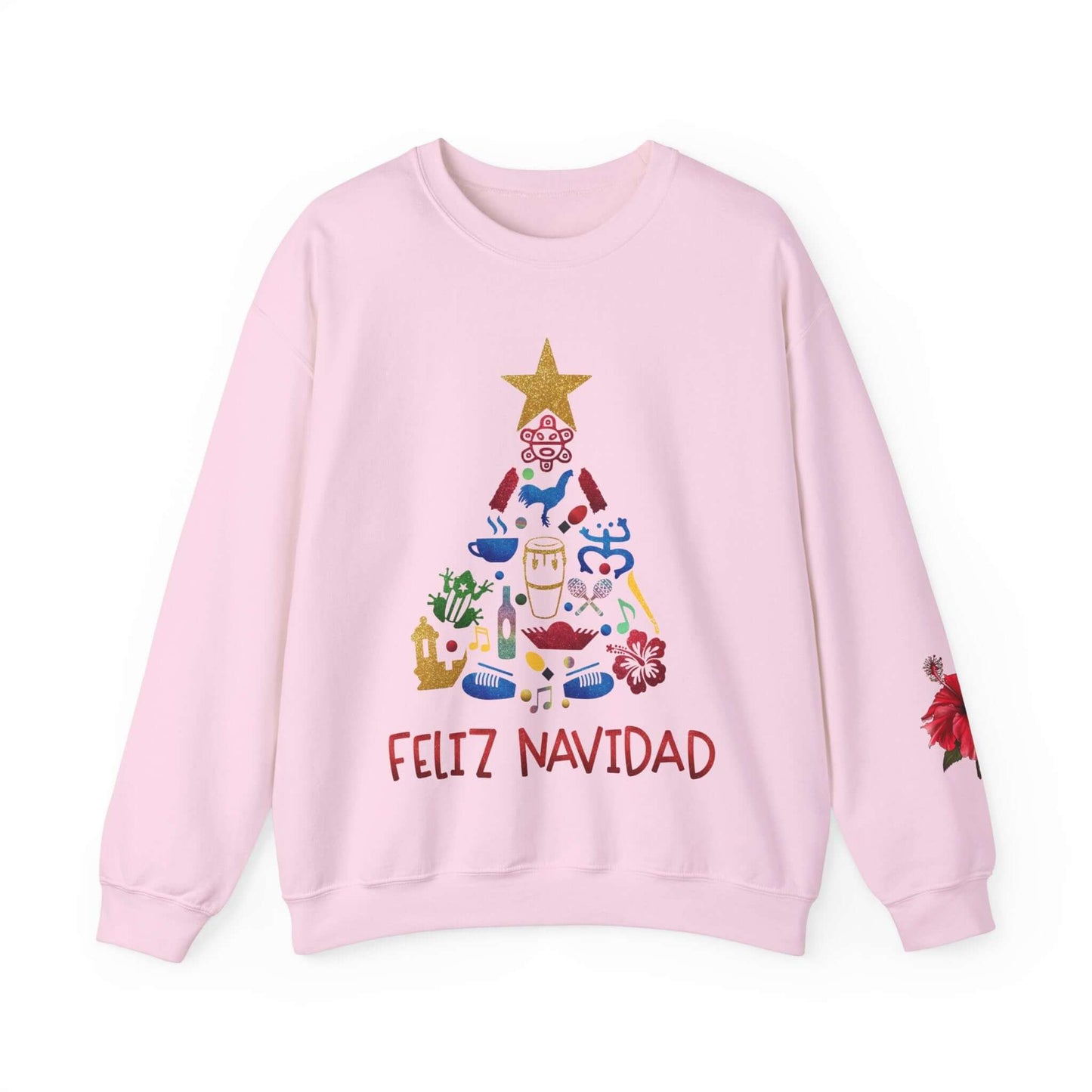 Feliz Navidad Puerto Rico Festive Print on left Long Sleeve Christmas T-Shirt with Unique Colorful Tree Design