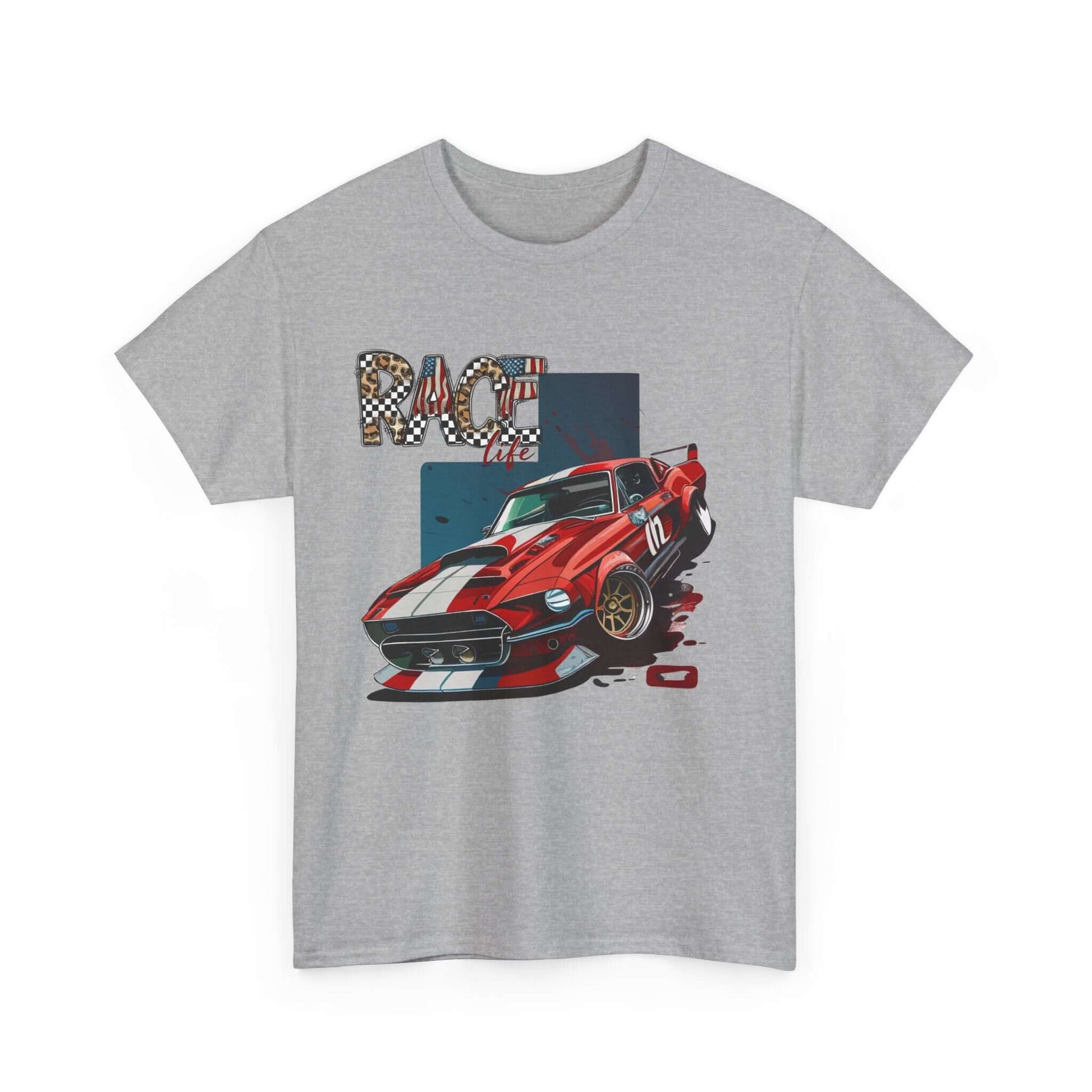 Racing Life Muscle Car T-Shirt with iconic Mustang, racing stripes, and patriotic 'RACE life' emblem on gray tee.