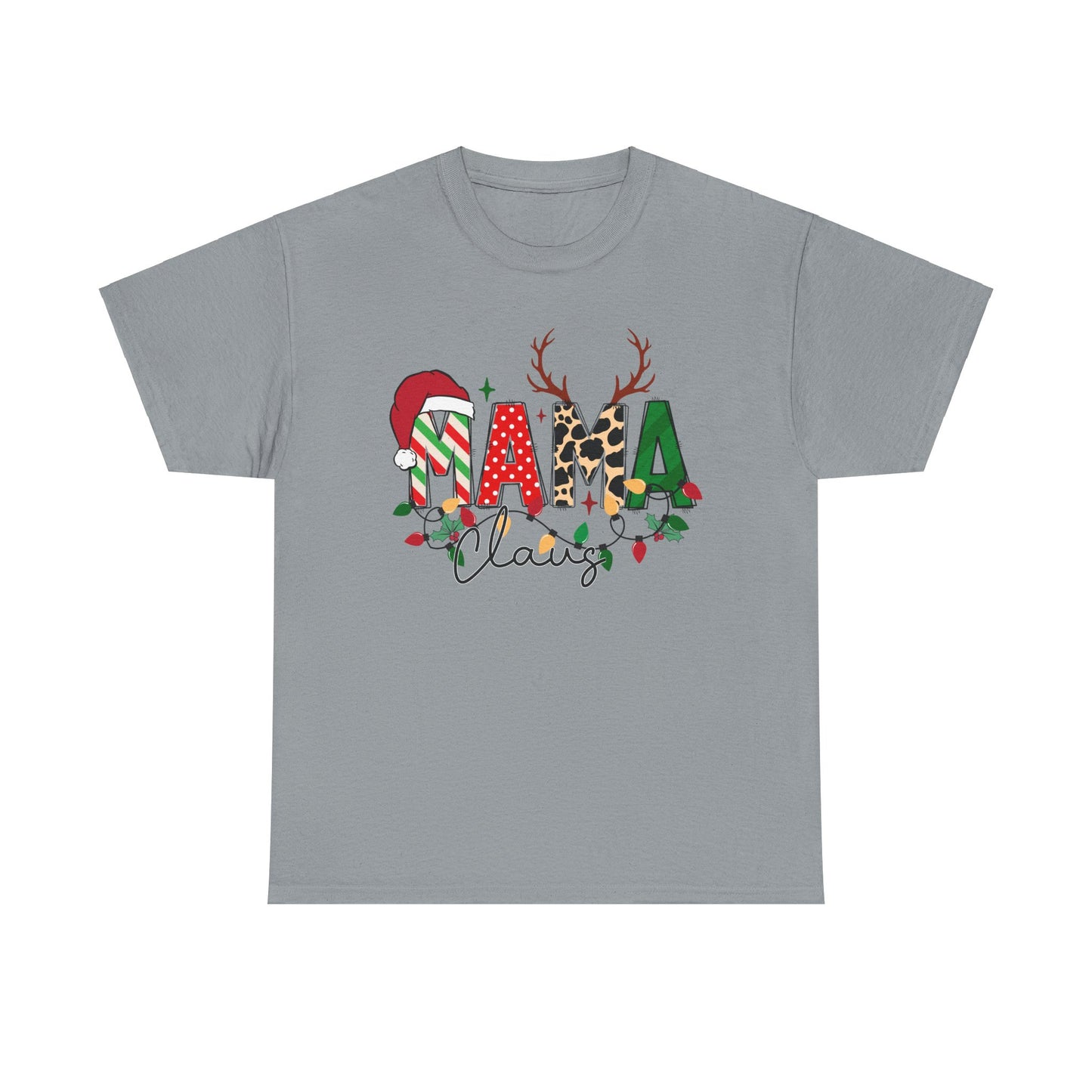 MAMA Claus Christmas T-Shirt in gray featuring festive Santa hat and reindeer antlers design for a cheerful holiday look.