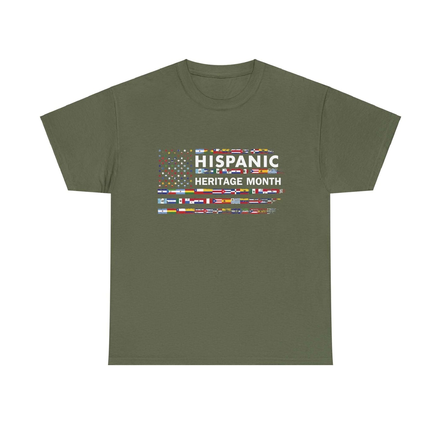 Hispanic Heritage Month T-shirt with colorful flags in a mosaic design on an olive green background. Celebrate your culture!