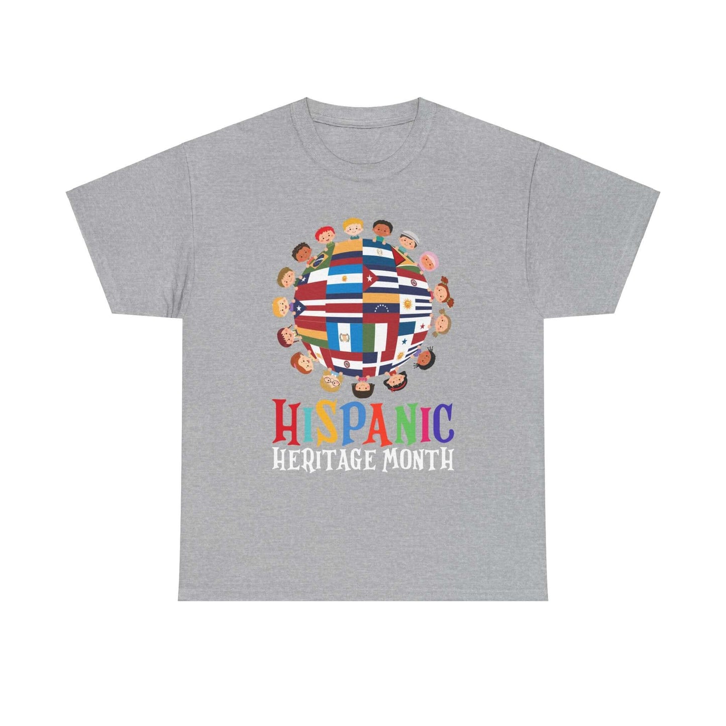 Kids' T-shirt for Hispanic Heritage Month featuring diverse flags and playful characters in a colorful globe design.