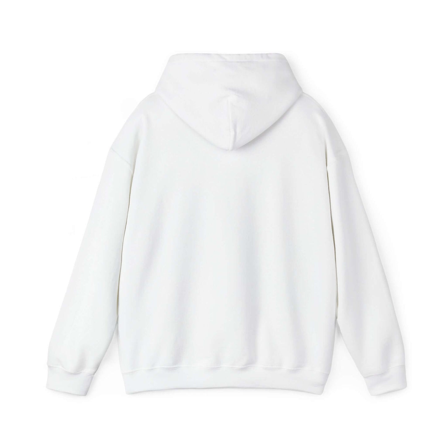 Back view of white hooded sweatshirt with sporty design, perfect for car enthusiasts and casual outings.