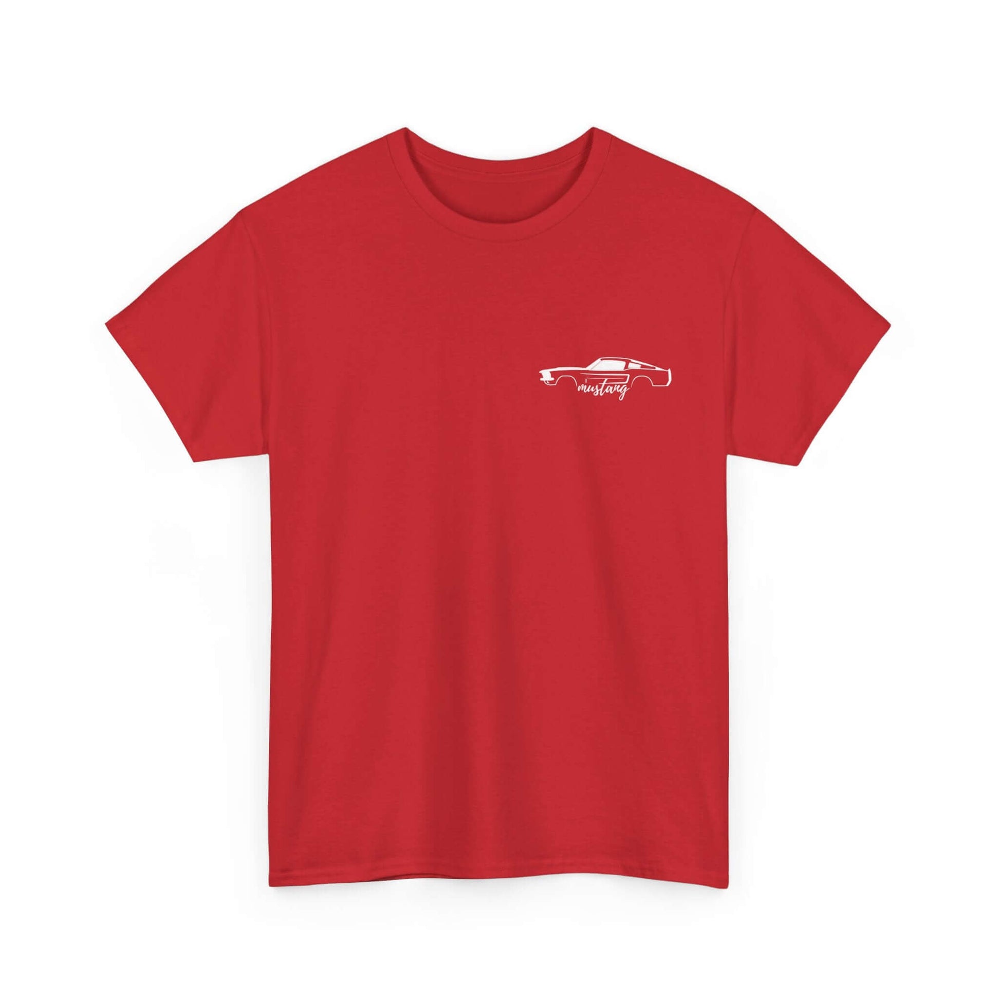 Red Ford Mustang Evolution Tee with 1967 Mustang Front Upper Chest Print