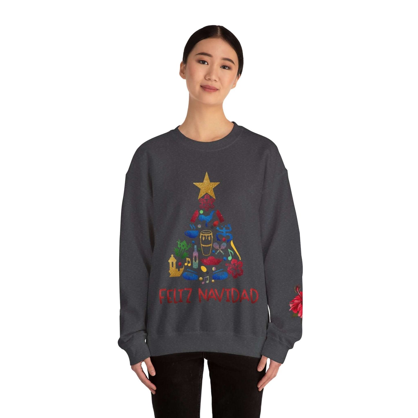 Feliz Navidad Puerto Rico Festive Print on left Long Sleeve Christmas T-Shirt with Unique Colorful Tree Design