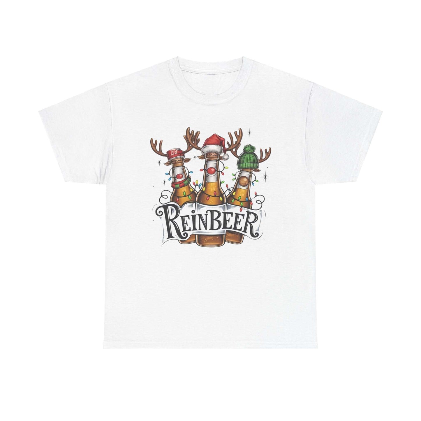 Festive Reinbeer Christmas t-shirt featuring beer bottles with reindeer antlers and holiday hats for holiday celebrations.