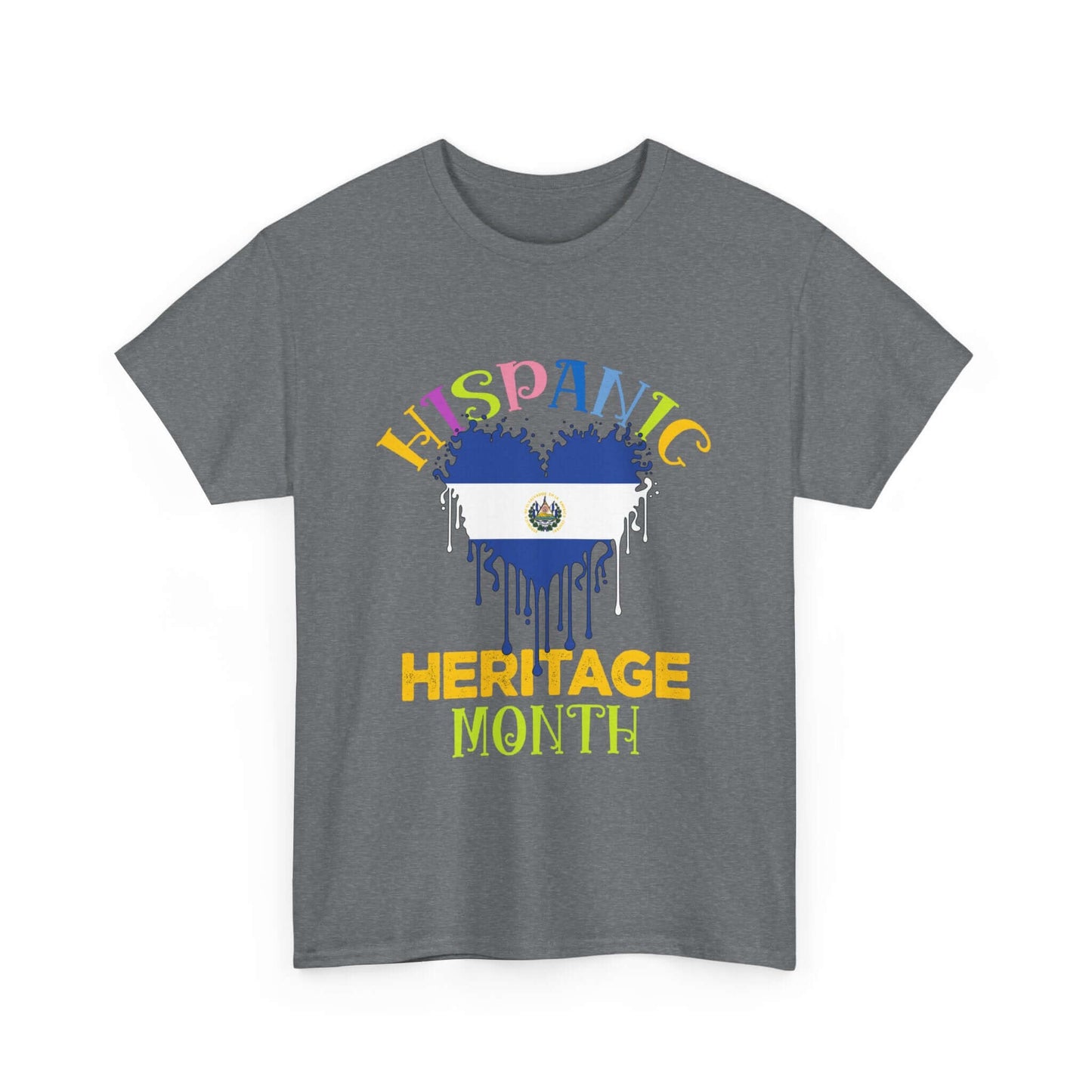 Hispanic Heritage Month Salvadorian Heart Flag Graphic Tee in gray, made from 100% cotton, perfect for casual and semi-formal occasions.