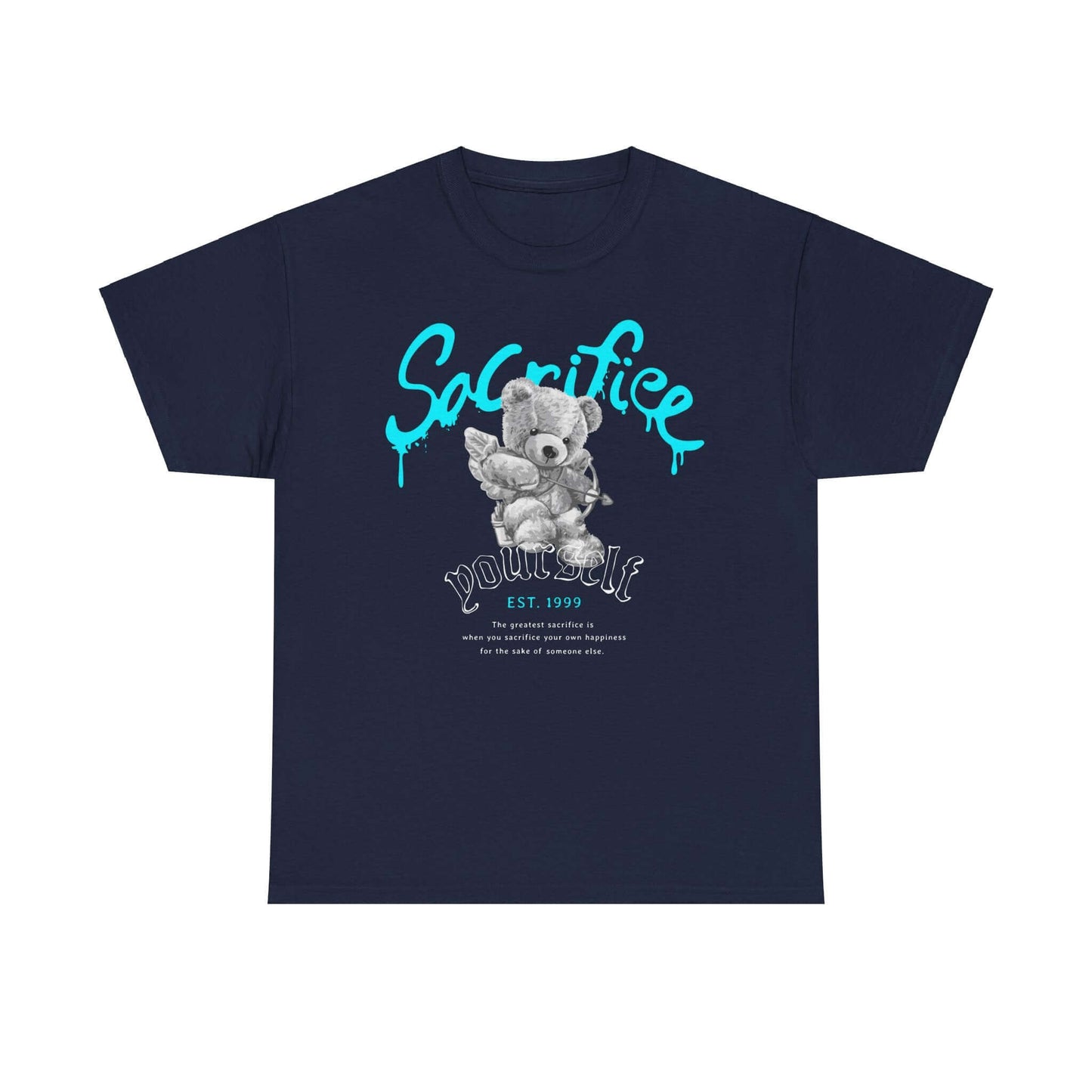 Whimsical navy bear tee featuring 'Sacrifice Yourself' graphic, playful design for trendy urban streetwear enthusiasts.