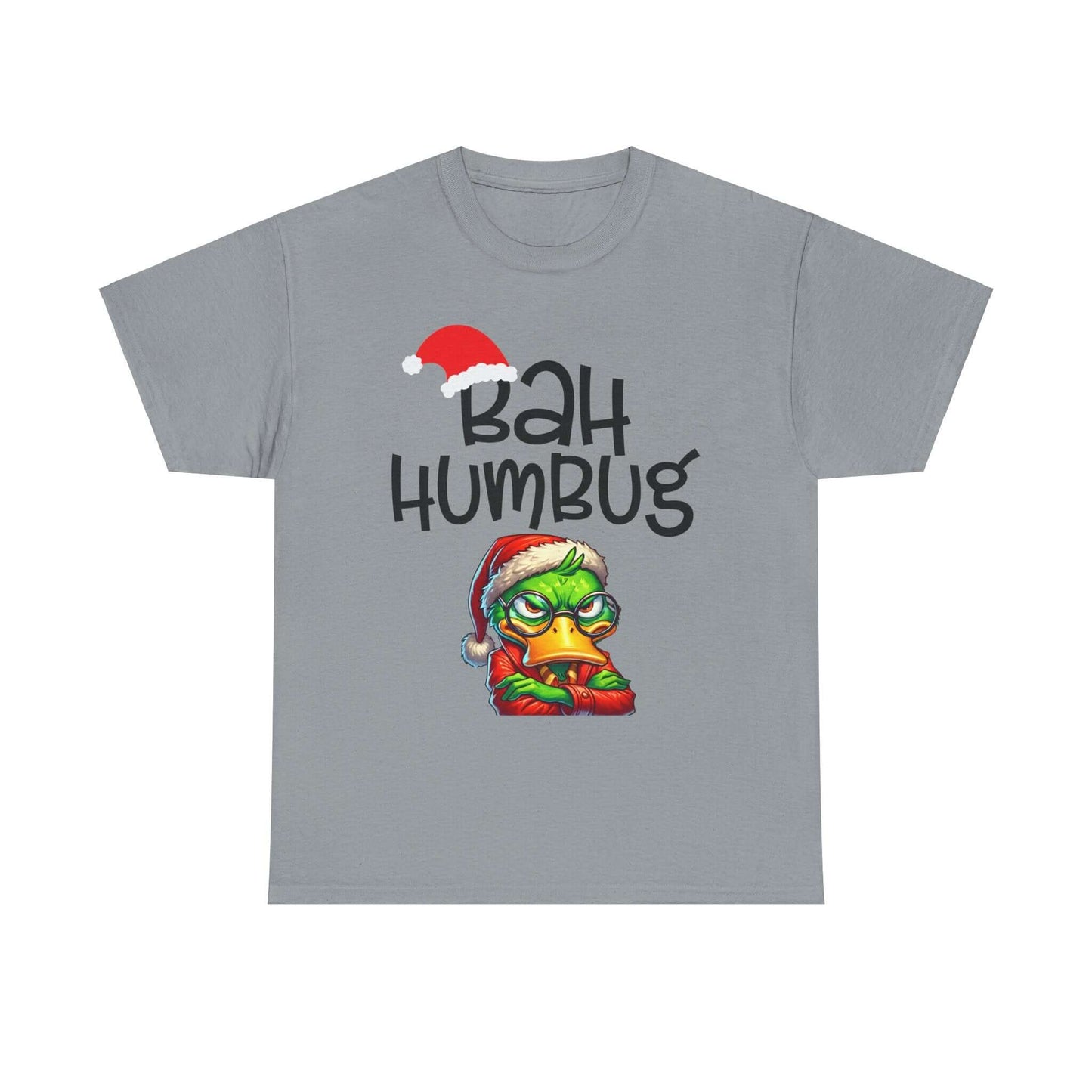 Unisex gray tee featuring "Bah Humbug" design with a festive character, perfect for holiday humor and comfort.