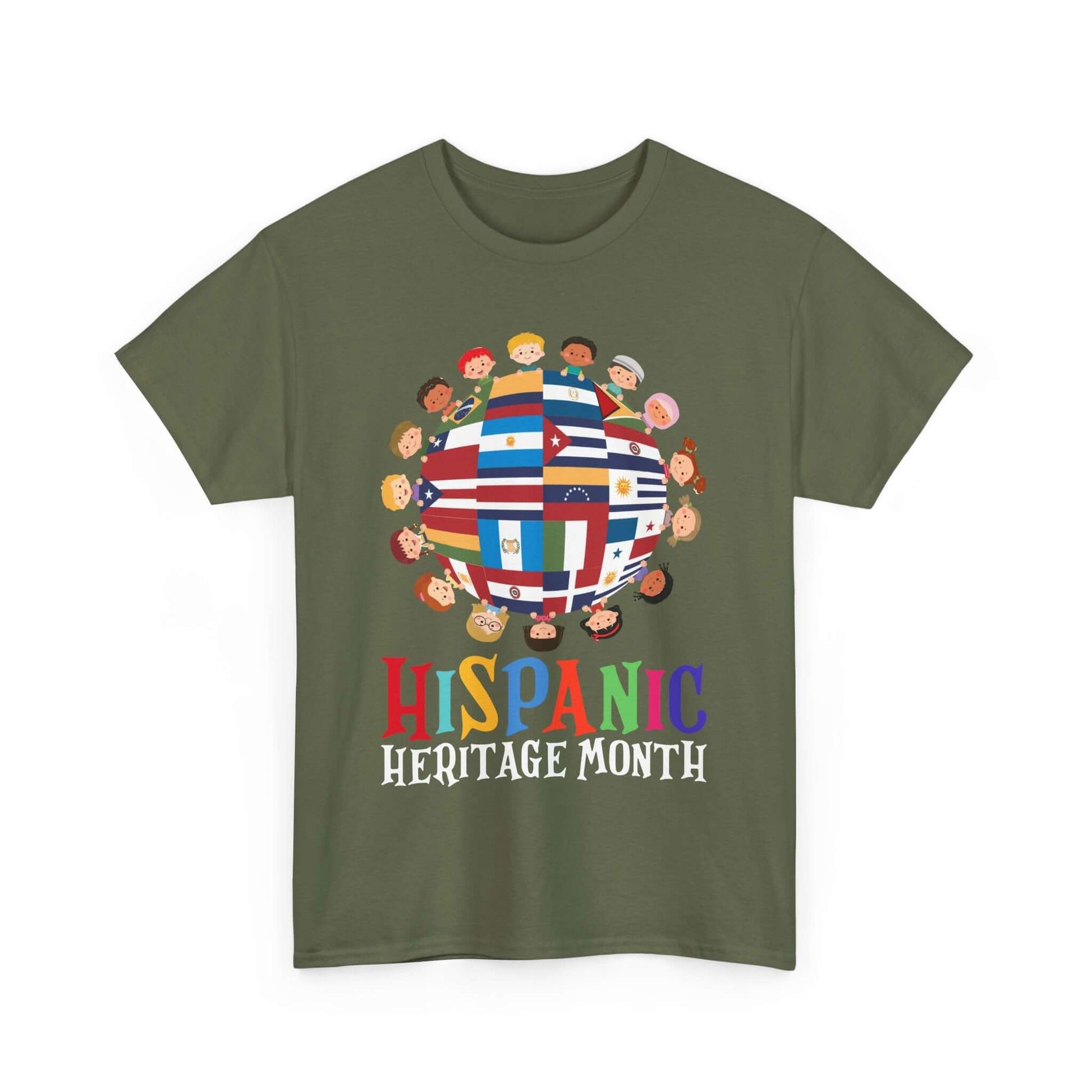 Kids' T-shirt celebrating Hispanic Heritage Month with flags and a globe design, promoting diversity and cultural awareness.