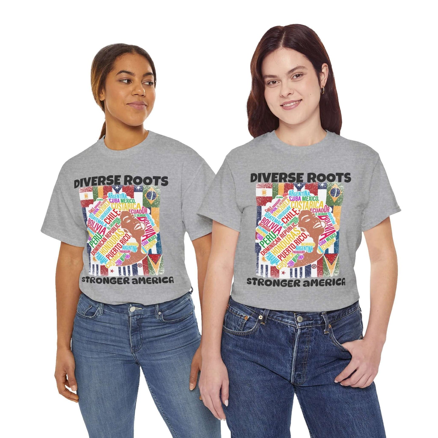 Two women wearing "Diverse Roots Stronger America" tees advocating for immigration and diversity in grey unisex design.