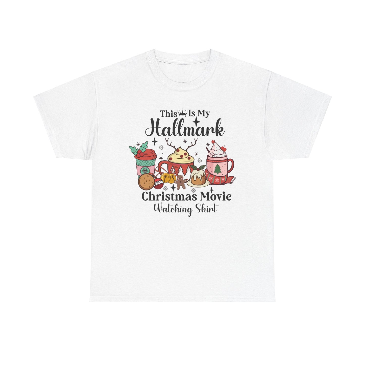 Festive white T-shirt with "This is My Hallmark Christmas Movie Watching Shirt" design and holiday beverage graphics.