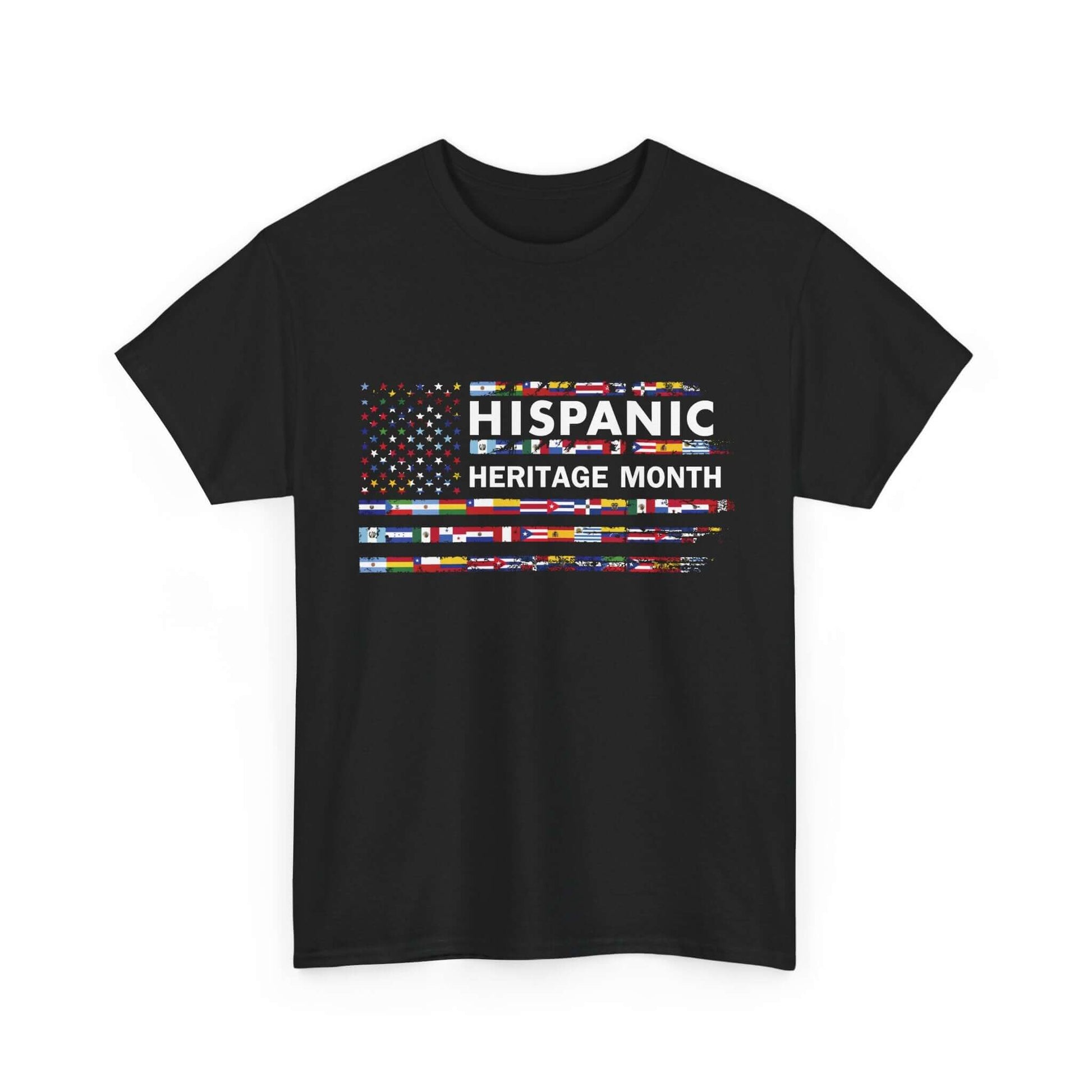 Black T-shirt featuring a vibrant mosaic of Hispanic country flags for Heritage Month celebration.