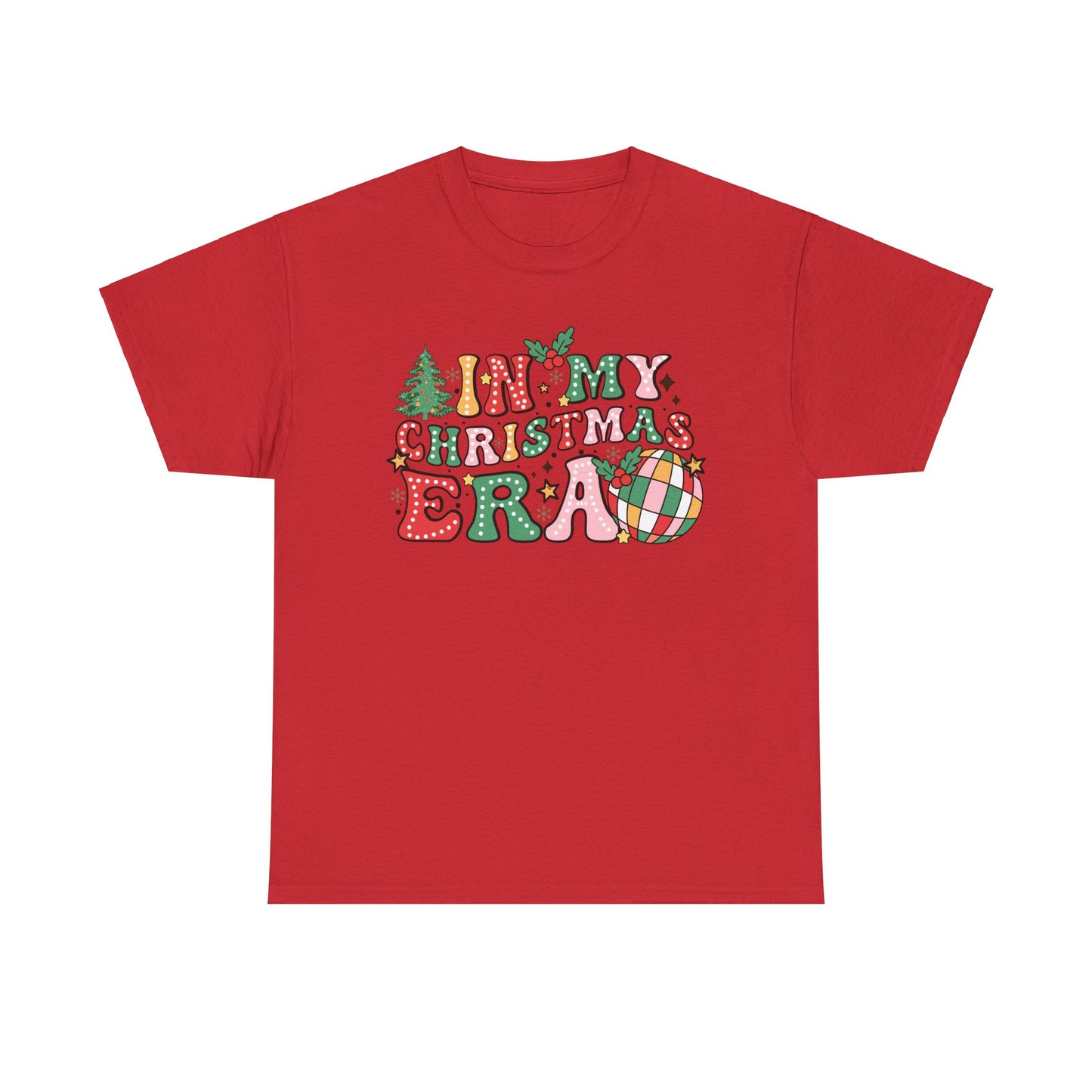 Red Christmas t-shirt featuring 'In My Christmas Era' design with festive letters and holiday elements like trees and ornaments.