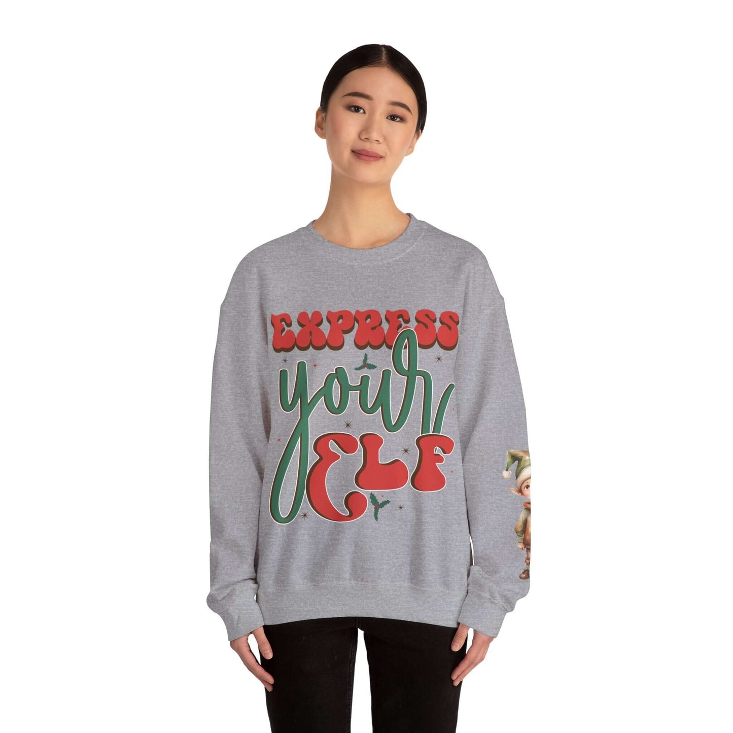 Express Yourself Festive Sweatshirt - Colorful Holiday Elf Design, Individuality and Style