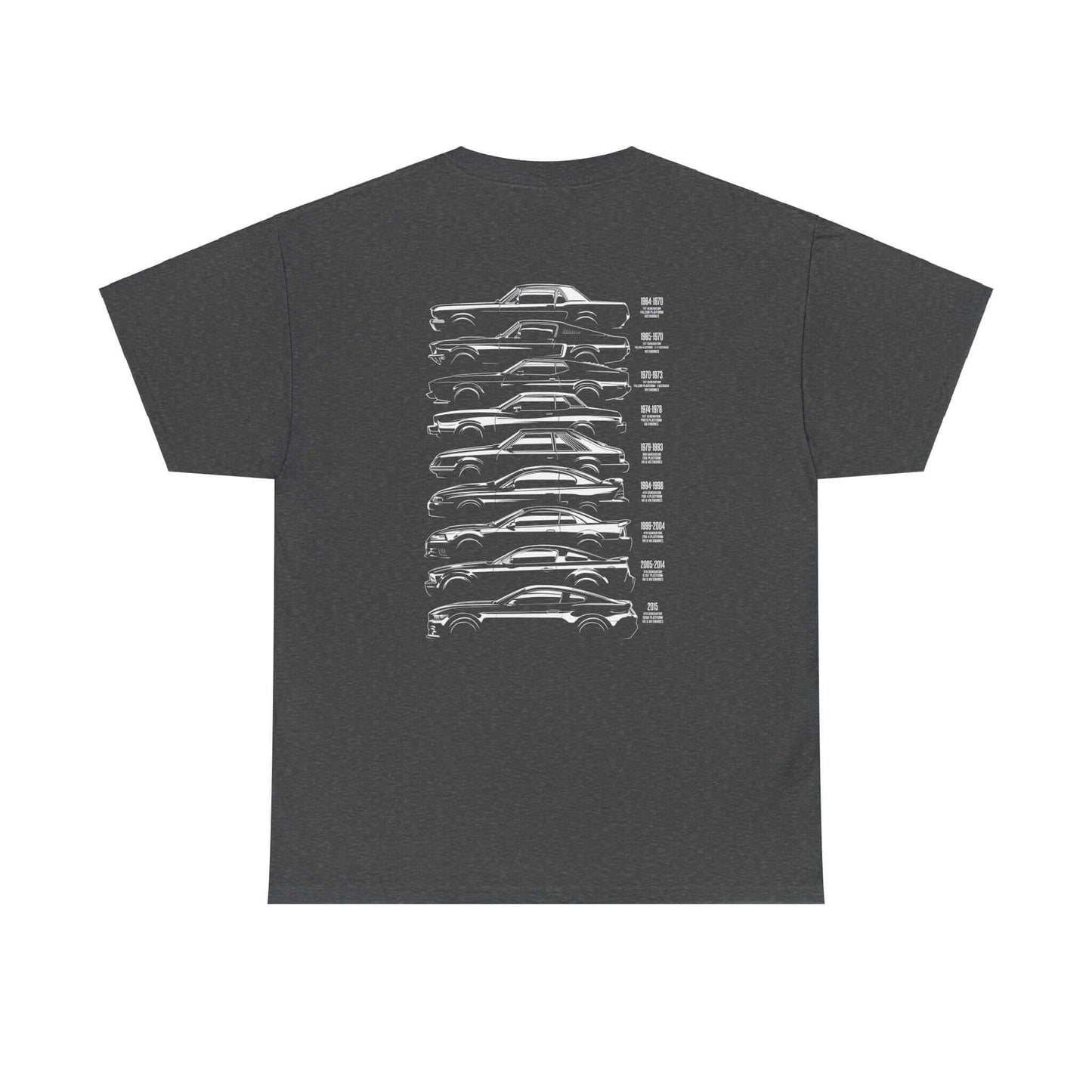 Rear and Front Print Design of Popular Ford Mustang Evolution Tee, 1967 Front Upper Chest Print- Year-by-Year Specs Shirt