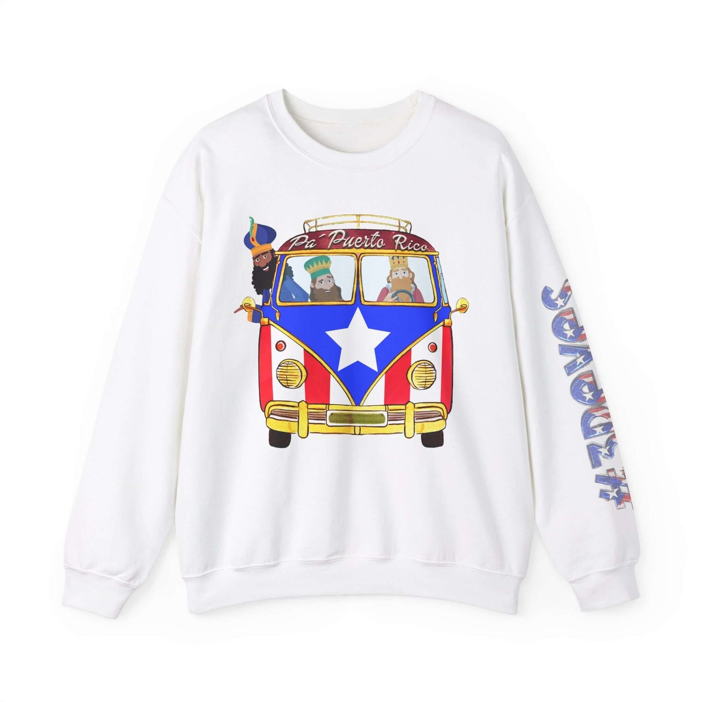 Festive Christmas sweater with VW bus and Puerto Rico flag, featuring Three Kings print on left sleeve. Holiday apparel.